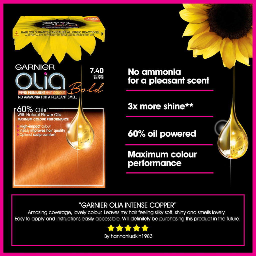 Garnier Olia 7.40 Intense Copper, oil-powered, no-ammonia. 100% grey coverage. Luminous, long-lasting, vibrant intense copper hair color with ultimate shine and softness. - Damaged Box