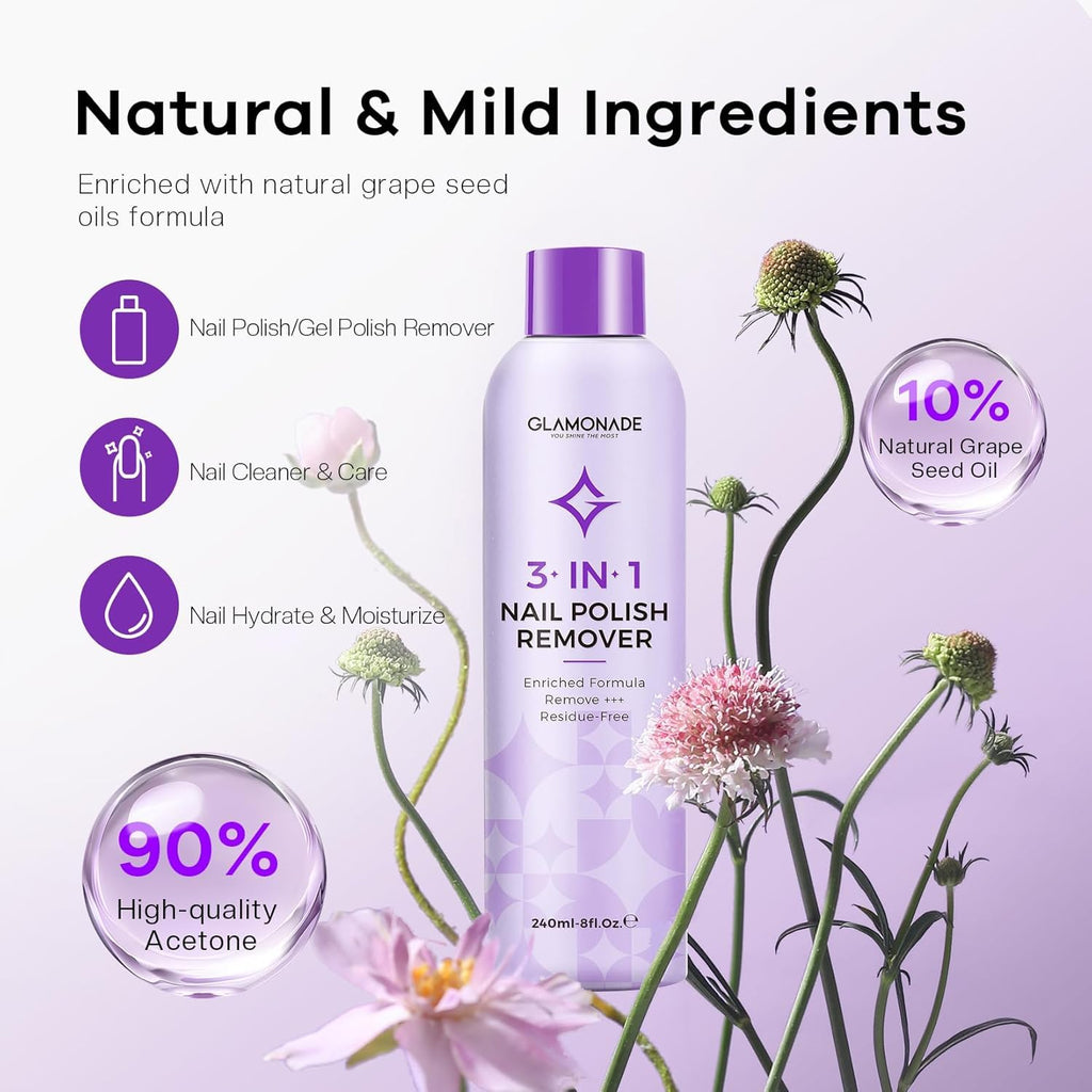 Glamonade Acetone Ultra-Powerful Nail Polish Remover: Professional Soak off Gel Nail Polish Remover Enriched with Natural Grape Seed Oil Acrylic Nail Glue Dip Powder for Home Salon 8 Fl Oz - New