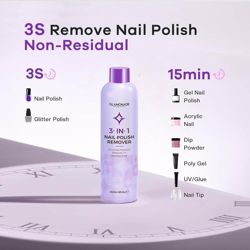 Glamonade Acetone Ultra-Powerful Nail Polish Remover: Professional Soak off Gel Nail Polish Remover Enriched with Natural Grape Seed Oil Acrylic Nail Glue Dip Powder for Home Salon 8 Fl Oz - New