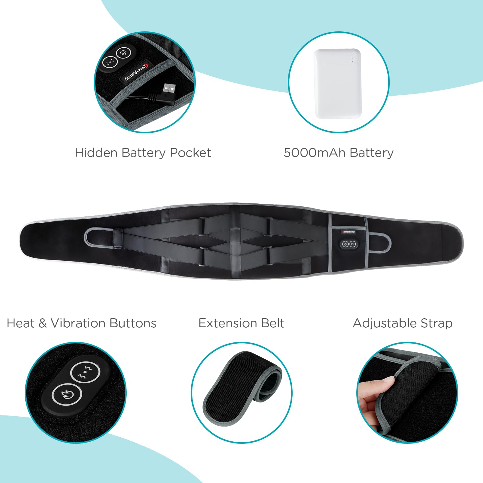 Comfytemp Cordless Heated Back Massager Pad - Portable Waist Belt for Lower Back & Period Pain, 3 Heat Levels, Auto-Off