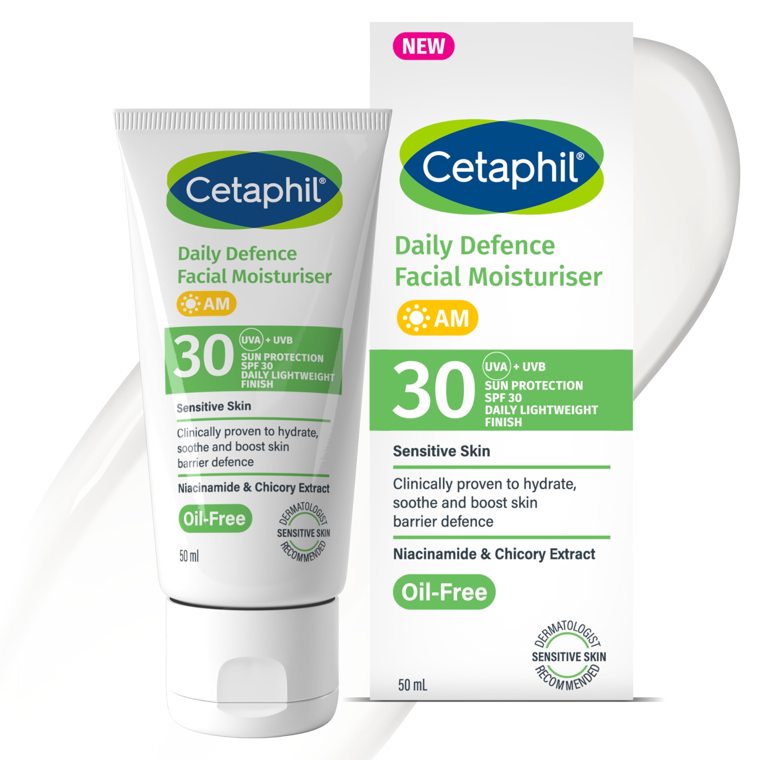 Cetaphil Daily Defence SPF 30 Moisturiser for Sensitive Skin - Mineral Sunscreen 50ml Face Cream - Damaged Box
