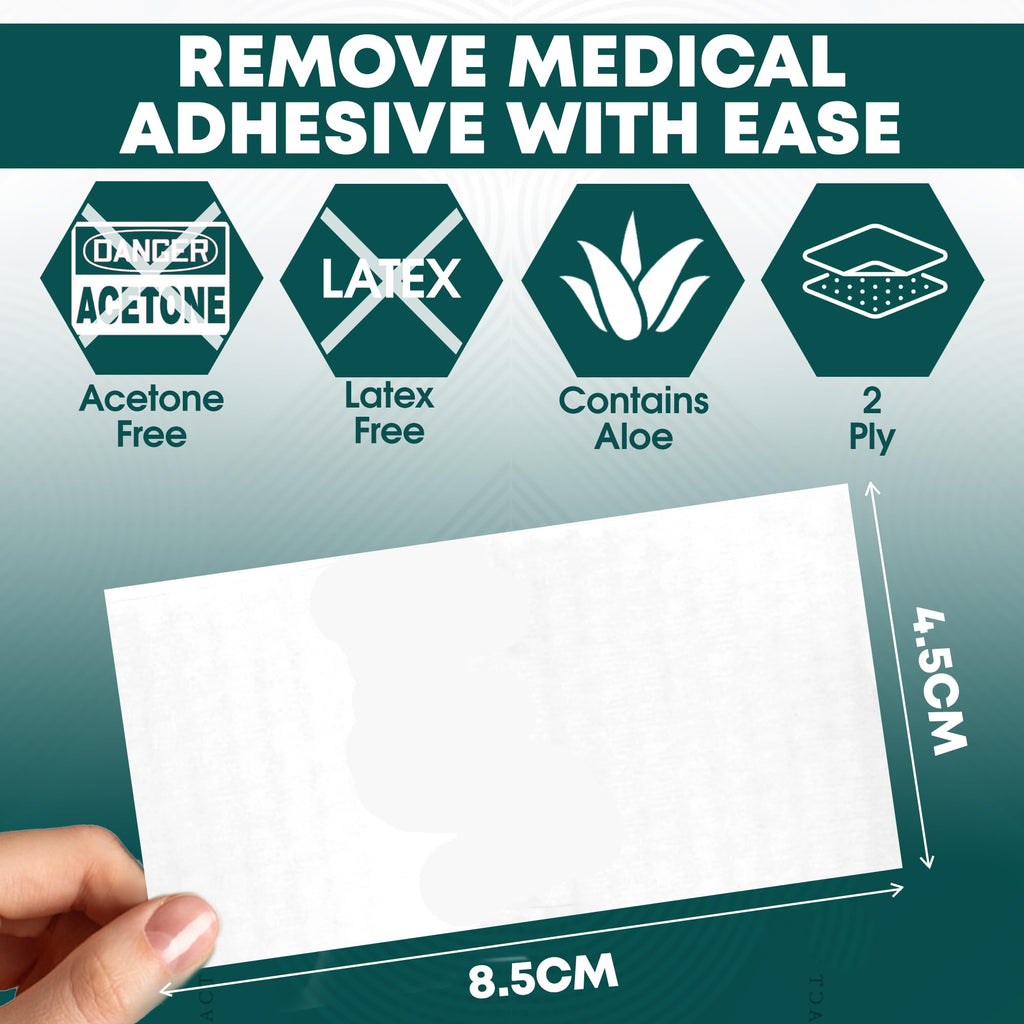 Adhesive Remover Wipes - 50 Sachets - Medical & Sports Tape Residue Removal - Skin Safe, Aloe Vera, Acetone-Free - New