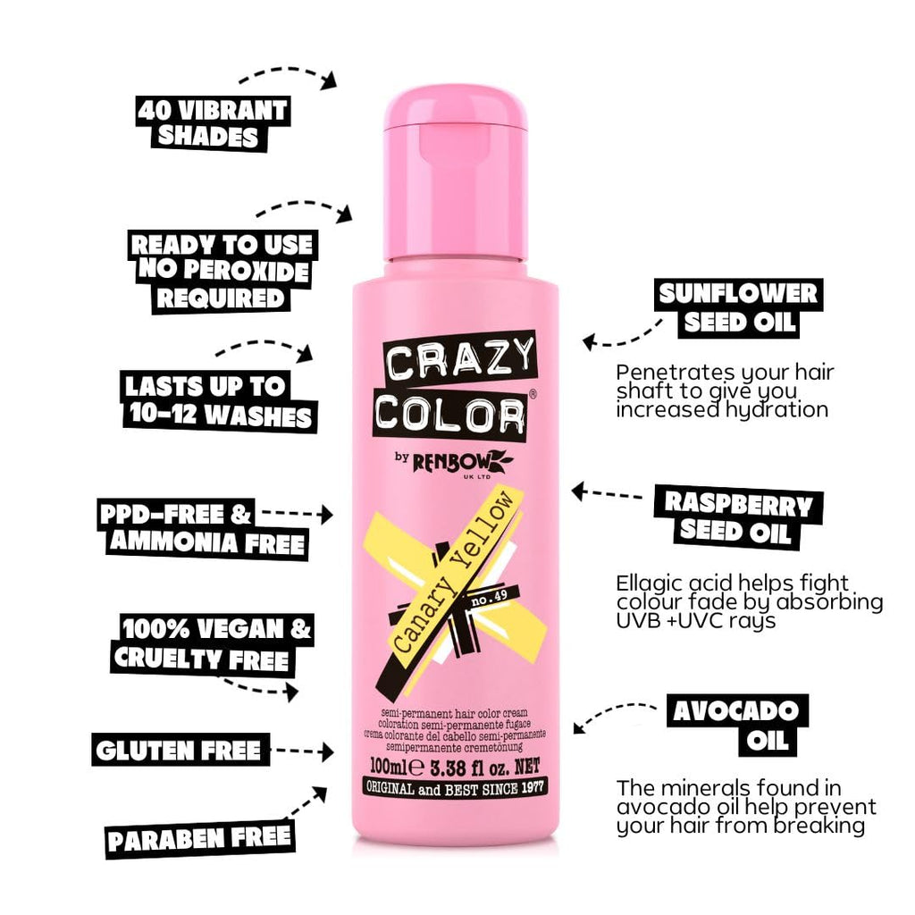 Crazy Color Semi-Permanent Hair Dye - Canary Yellow 2 x 100ml Duo Pack - Vegan Conditioning Formula - New