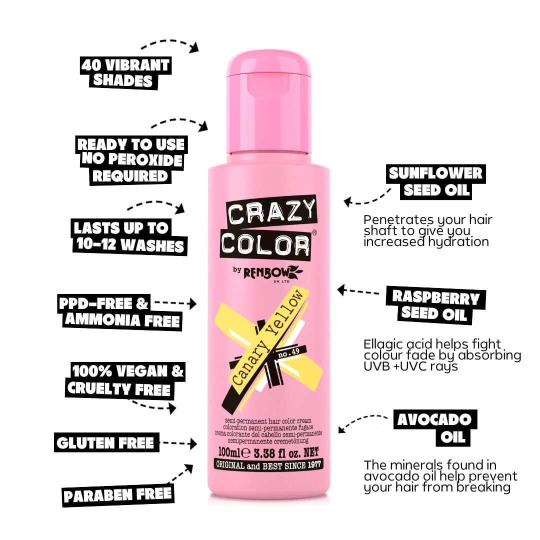 Crazy Color Semi-Permanent Hair Dye - Canary Yellow 2 x 100ml Duo Pack - Vegan Conditioning Formula - New