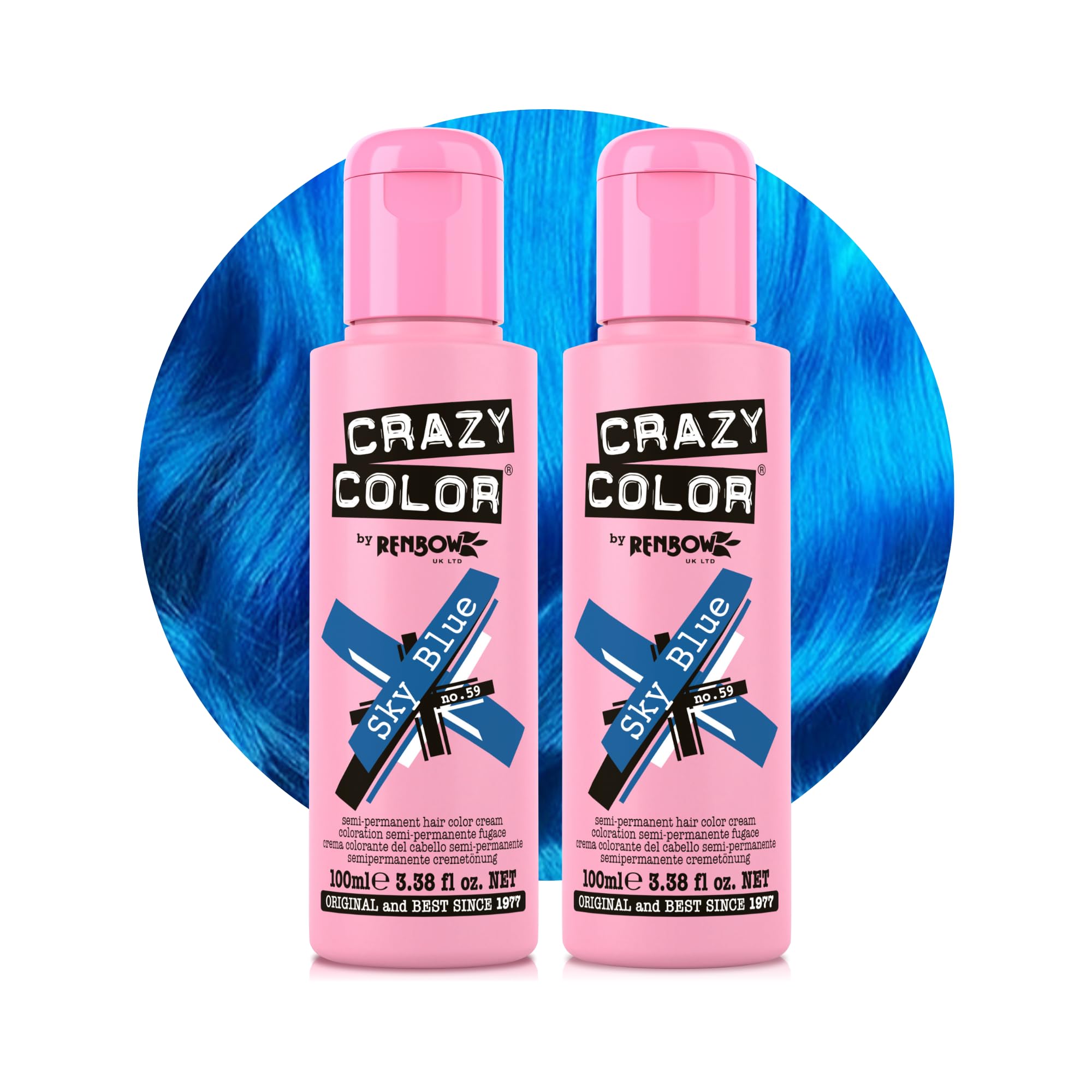 Crazy Color Semi-Permanent Hair Dye - Sky Blue Cobalt - 2 x 100ml Duo Pack Vegan Conditioning Formula - New