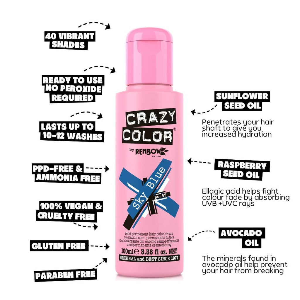 Crazy Color Semi-Permanent Hair Dye - Sky Blue Cobalt - 2 x 100ml Duo Pack Vegan Conditioning Formula - New