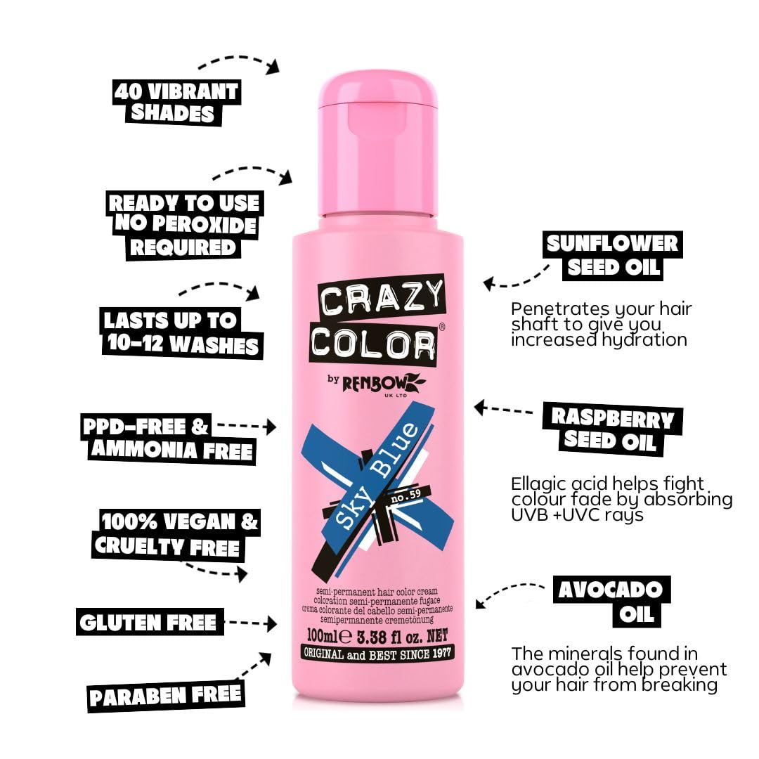 Crazy Color Semi-Permanent Hair Dye - Sky Blue Cobalt - 2 x 100ml Duo Pack Vegan Conditioning Formula - New