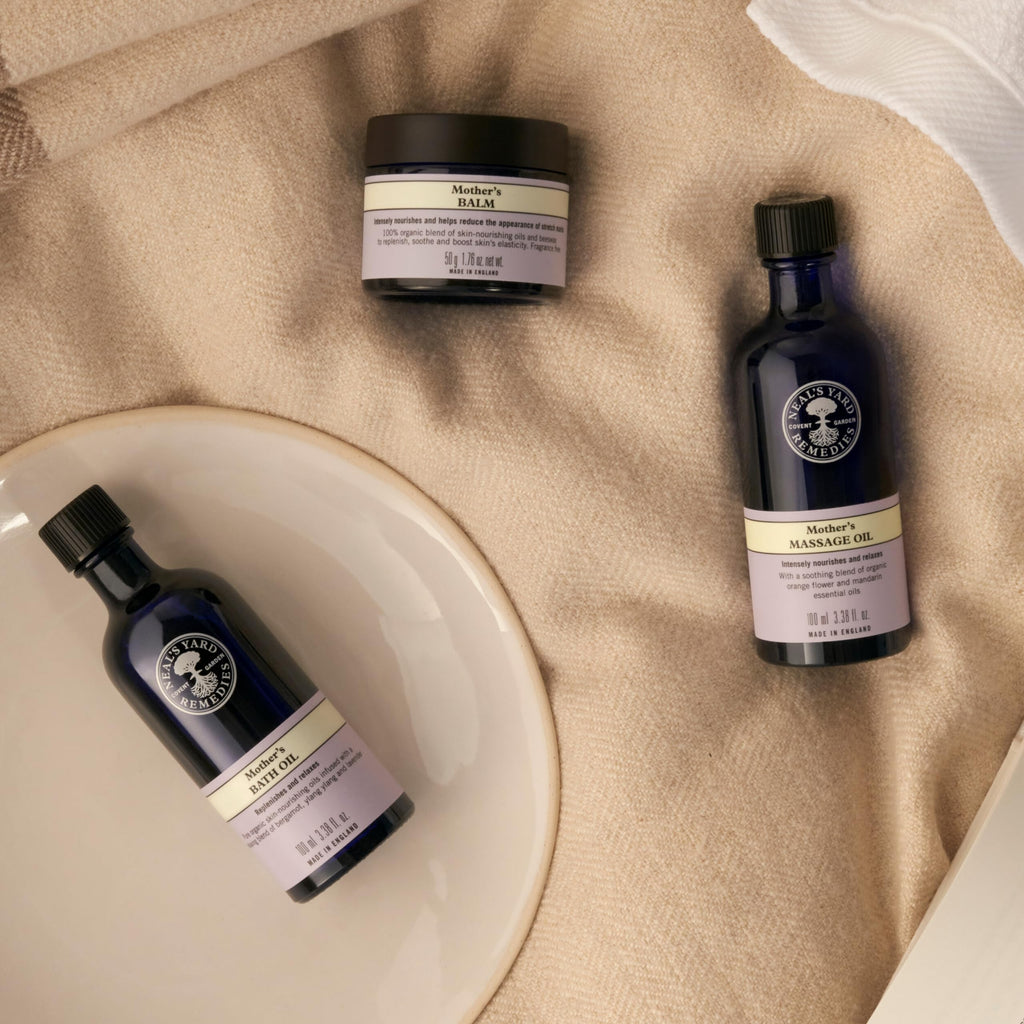 Neal's Yard Remedies Mother Collection Gift Set — Massage Oil, Bath Oil, Body Balm — 3 Piece Set - Damaged Box
