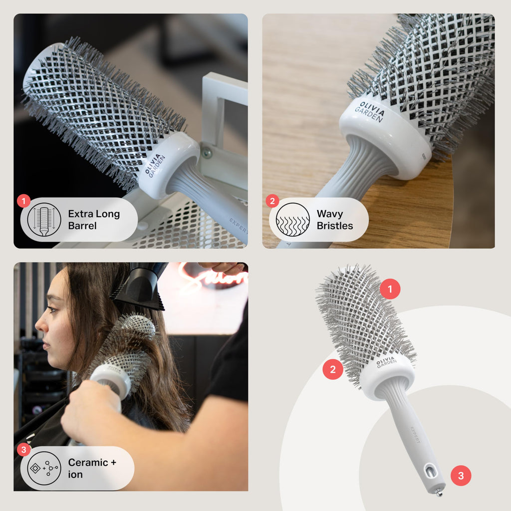 Olivia Garden Expert Blowout Speed - White & Grey - 55 - Ceramic Coated Round Brush with Extra Long Barrel for 25% Faster Blowouts - Damaged Box