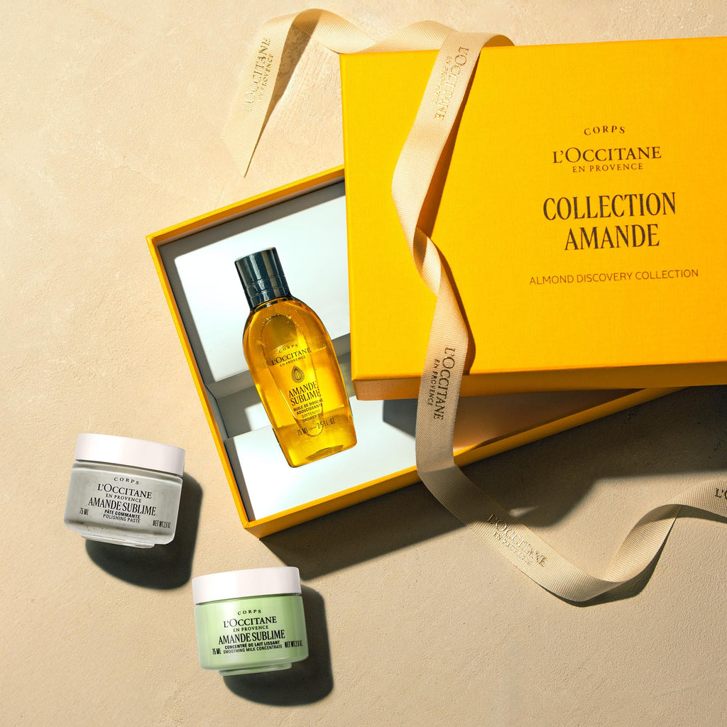 L'OCCITANE - Almond (Amande Sublime) Body Care Trio Giftset with Scrub, Shower Oil & Body Cream - Soothing and firming - Made in France - Damaged Box