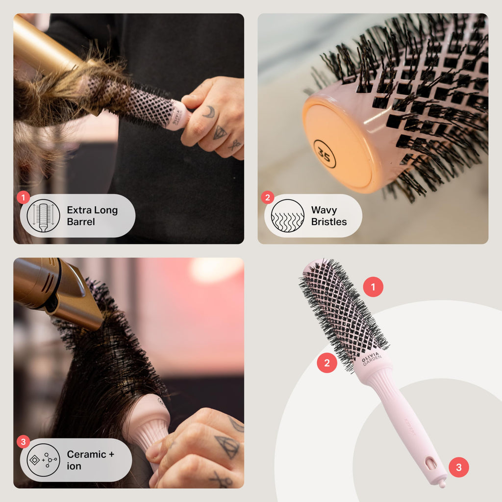 Olivia Garden Expert Blowout Speed - Pastel Pink - 35 - Ceramic Coated Round Brush with Extra Long Barrel for 25% Faster Blowouts - Damaged Box