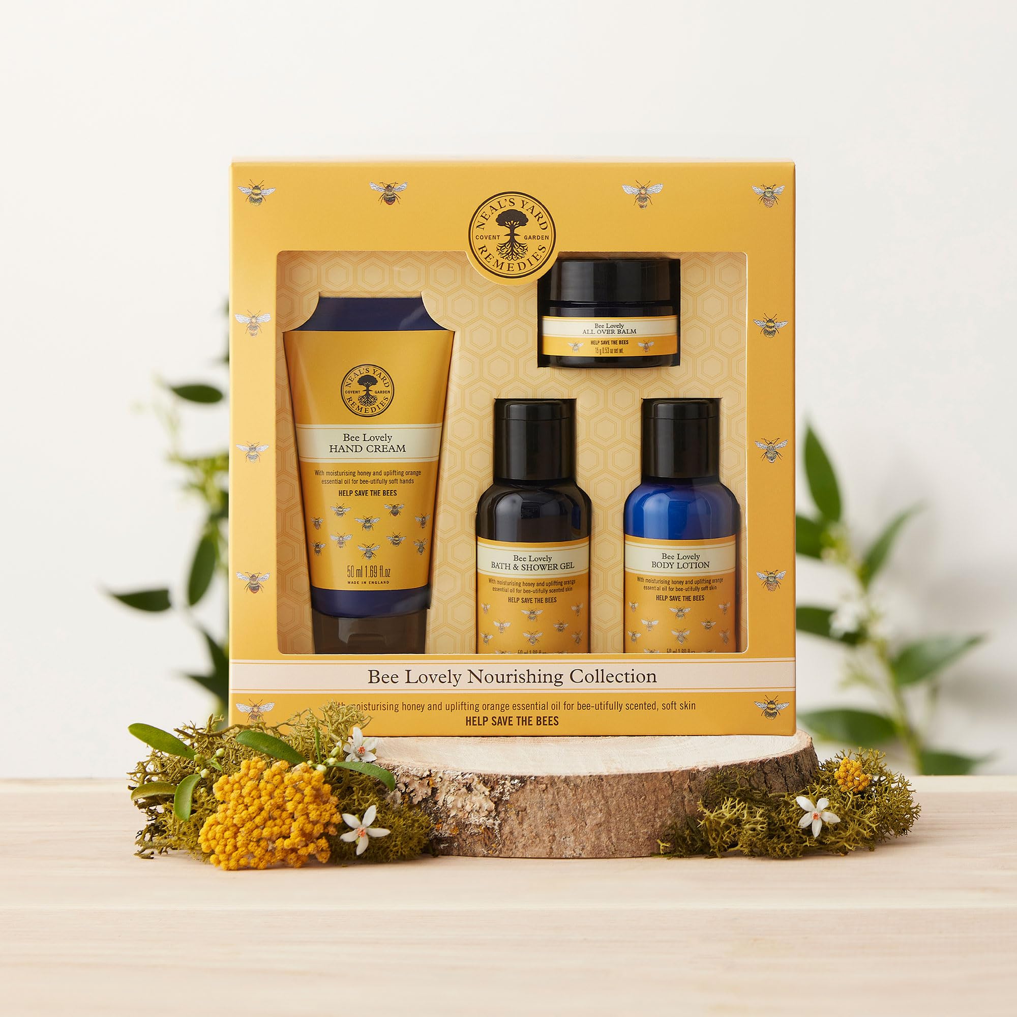Neal's Yard Remedies | Bee Lovely Nourishing Collection | Set of Hand Cream, Shower Gel, Body Lotion & All Over Balm | Gifts for Women | Pack of 4 - Damaged Box