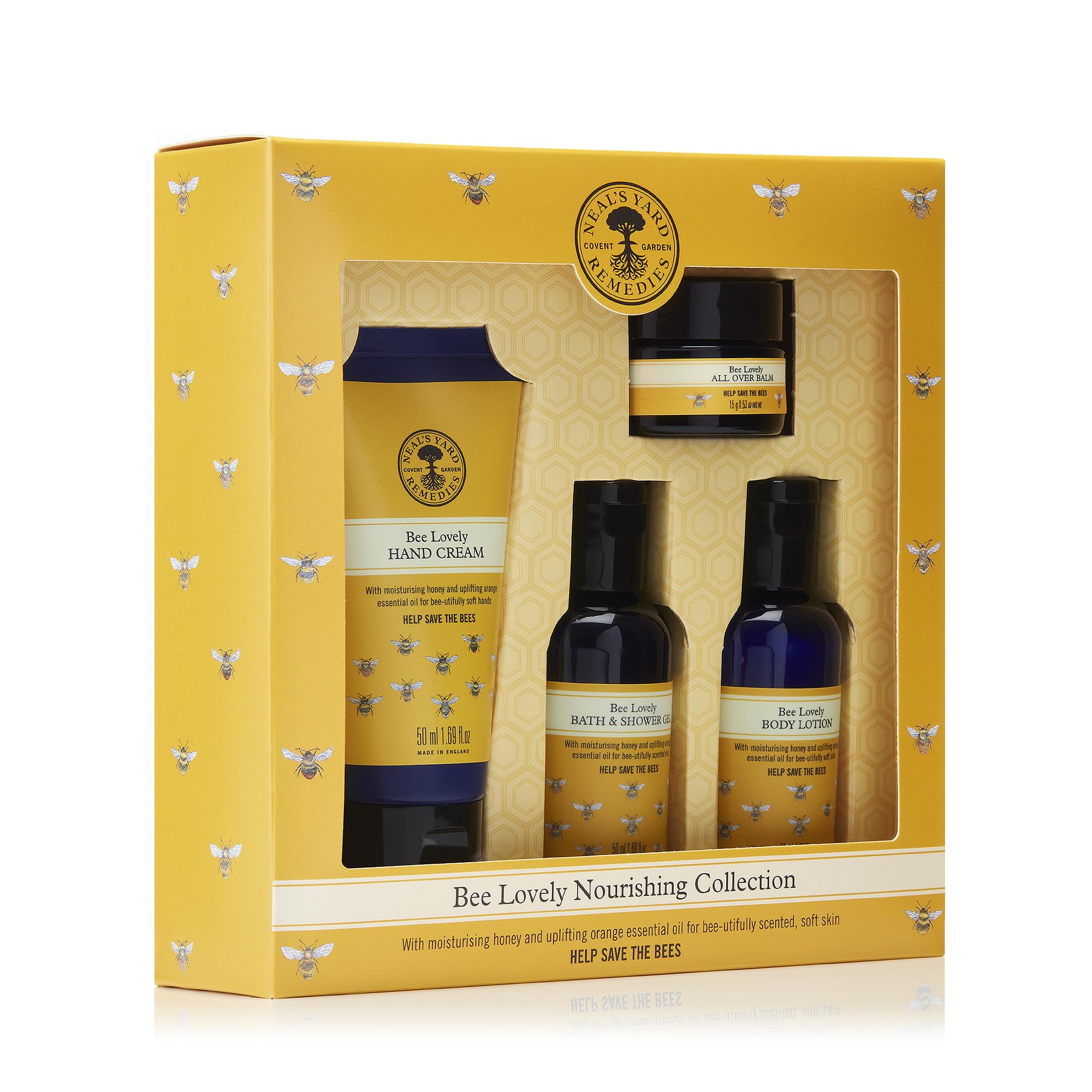 Neal's Yard Remedies | Bee Lovely Nourishing Collection | Set of Hand Cream, Shower Gel, Body Lotion & All Over Balm | Gifts for Women | Pack of 4 - Damaged Box