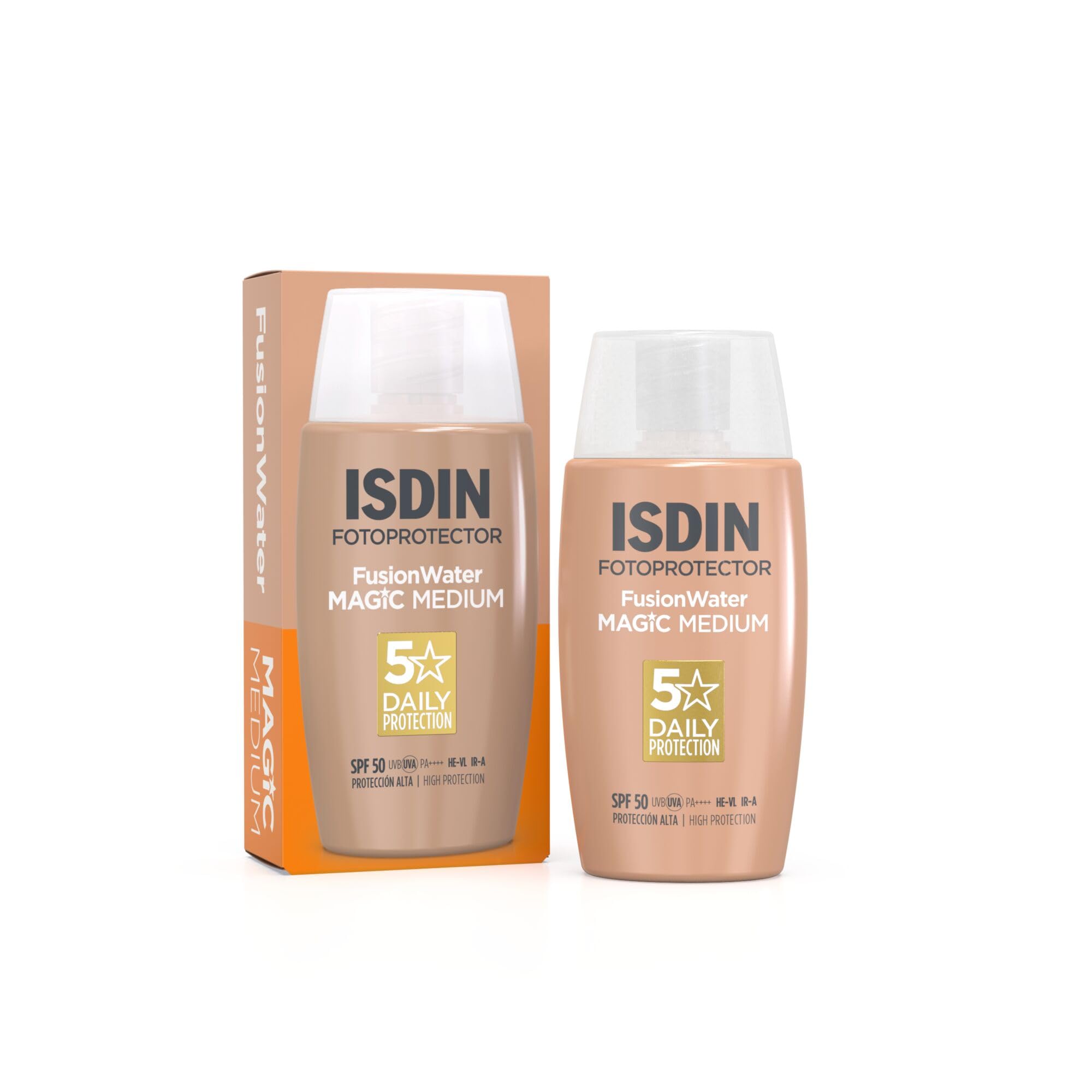 ISDIN Fusion Water MAGIC Color Light SPF 50 - Tinted Facial Sunscreen - For Fair & Pale Skin - Natural Coverage, No Orange Effect - Oil-Free, 50ml - Damaged Box