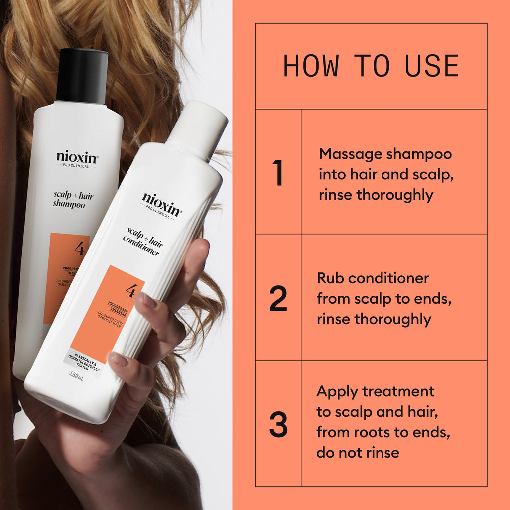 Nioxin Scalp + Hair Thickening System 4 Kit - Hair Treatment System for Coloured Or Dry Damaged Hair with Progressed Thinning - Shampoo, Conditioner & Scalp Treatment (150+150+40ml) - Damaged Box