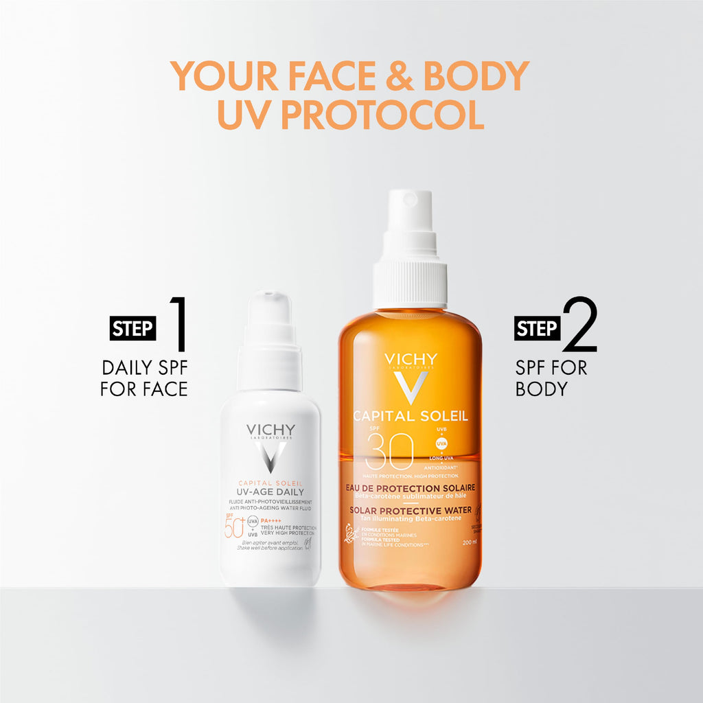 Vichy Capital Soleil Tan Illuminating Sun Protection Water Spray SPF30 With Beta-Carotene, Broad Spectrum UVA UVB Protection, Lightweight Stain-Proof Formula, 200ml - Damaged Box