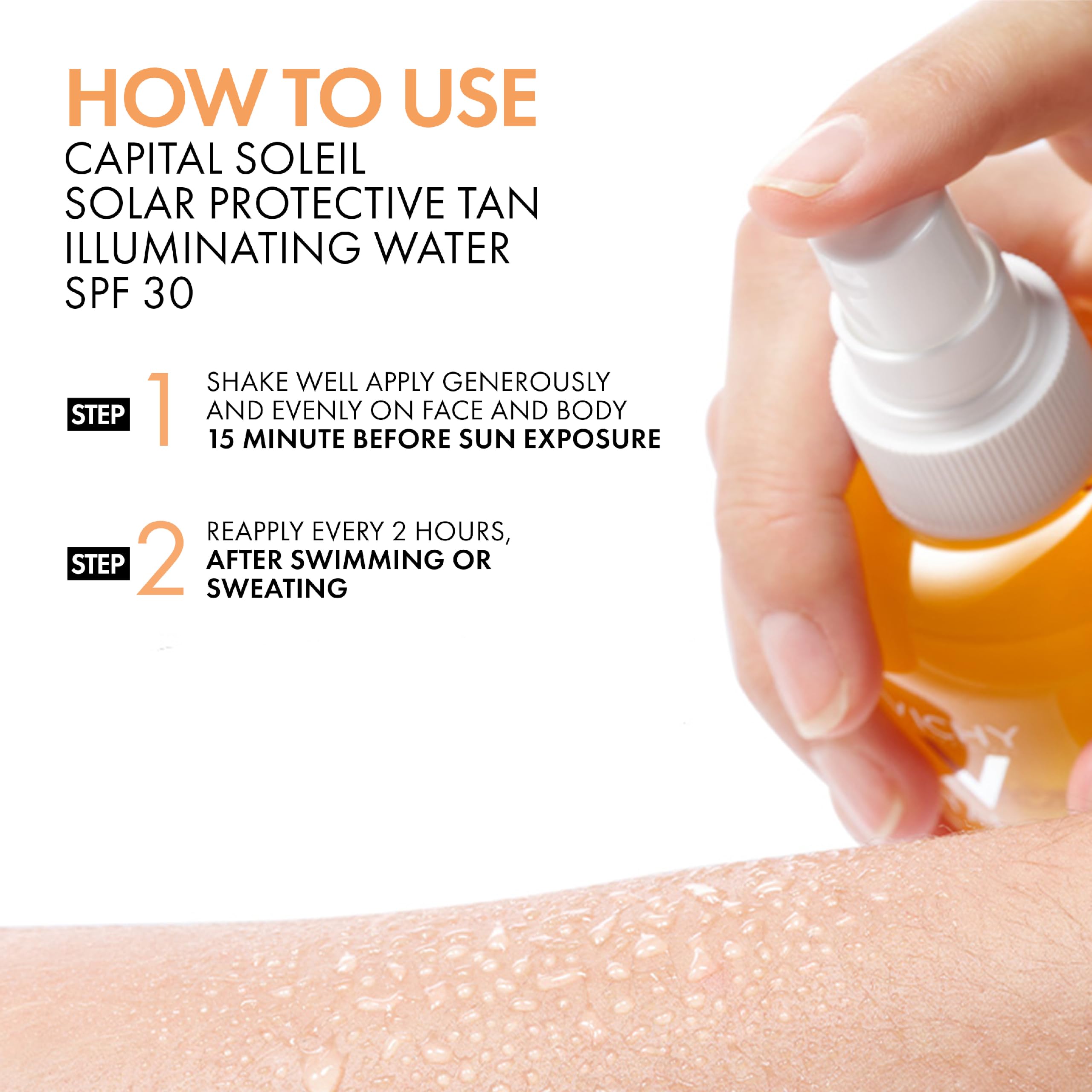 Vichy Capital Soleil Tan Illuminating Sun Protection Water Spray SPF30 With Beta-Carotene, Broad Spectrum UVA UVB Protection, Lightweight Stain-Proof Formula, 200ml - Damaged Box