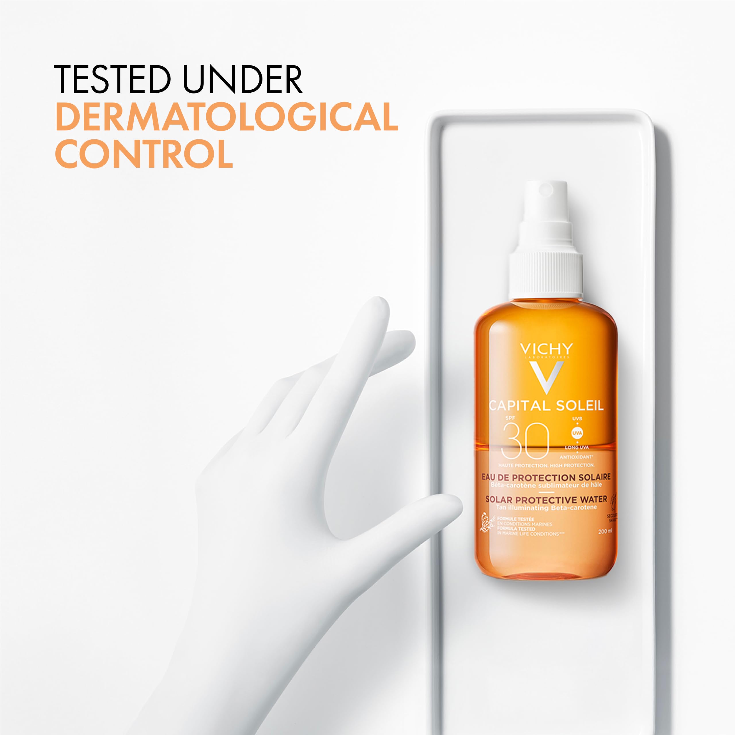 Vichy Capital Soleil Tan Illuminating Sun Protection Water Spray SPF30 With Beta-Carotene, Broad Spectrum UVA UVB Protection, Lightweight Stain-Proof Formula, 200ml - Damaged Box