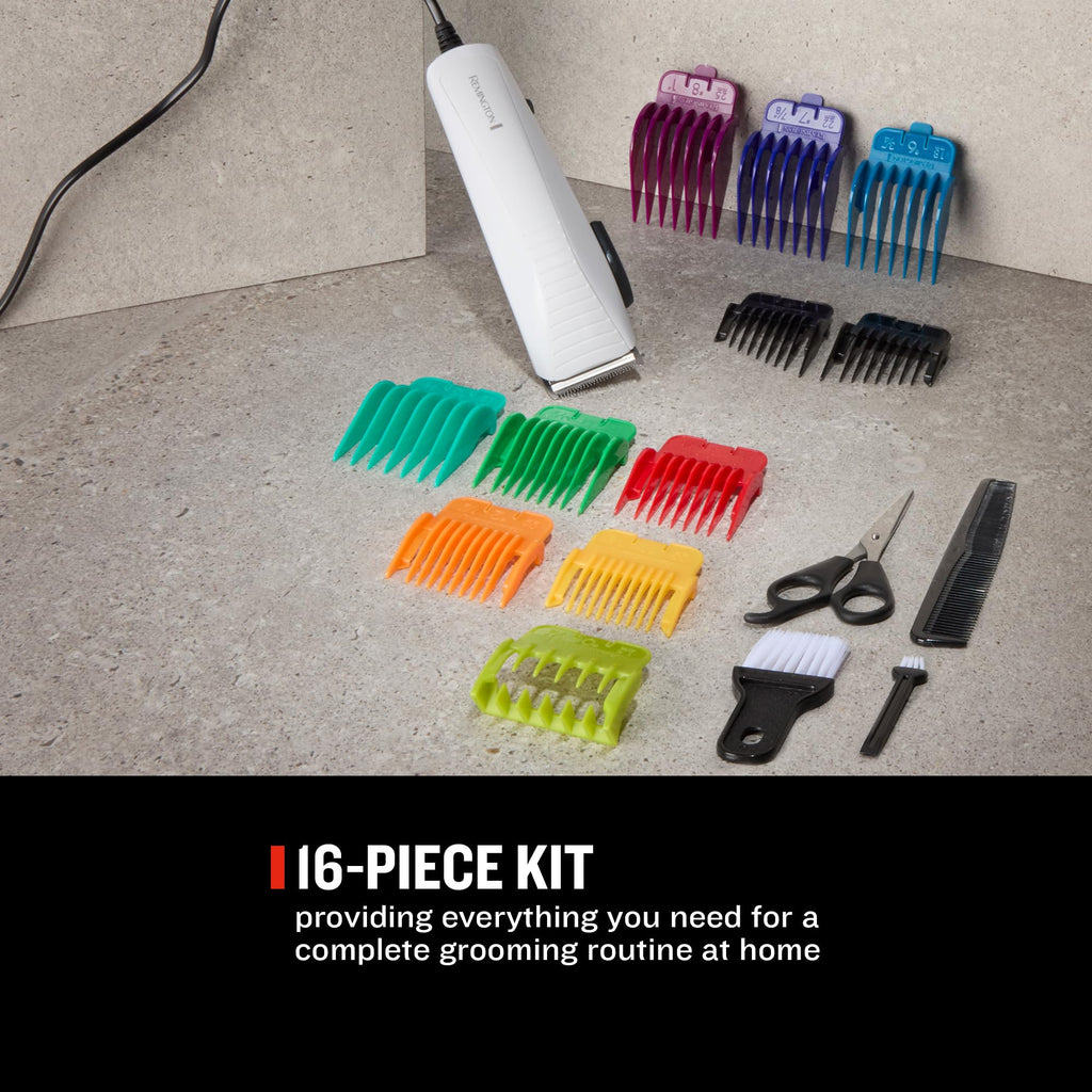 Remington Colour Cut Hair Clippers Kit - Corded, Self-Sharpening Blades, 9 Colour Coded Combs HC5035 - New