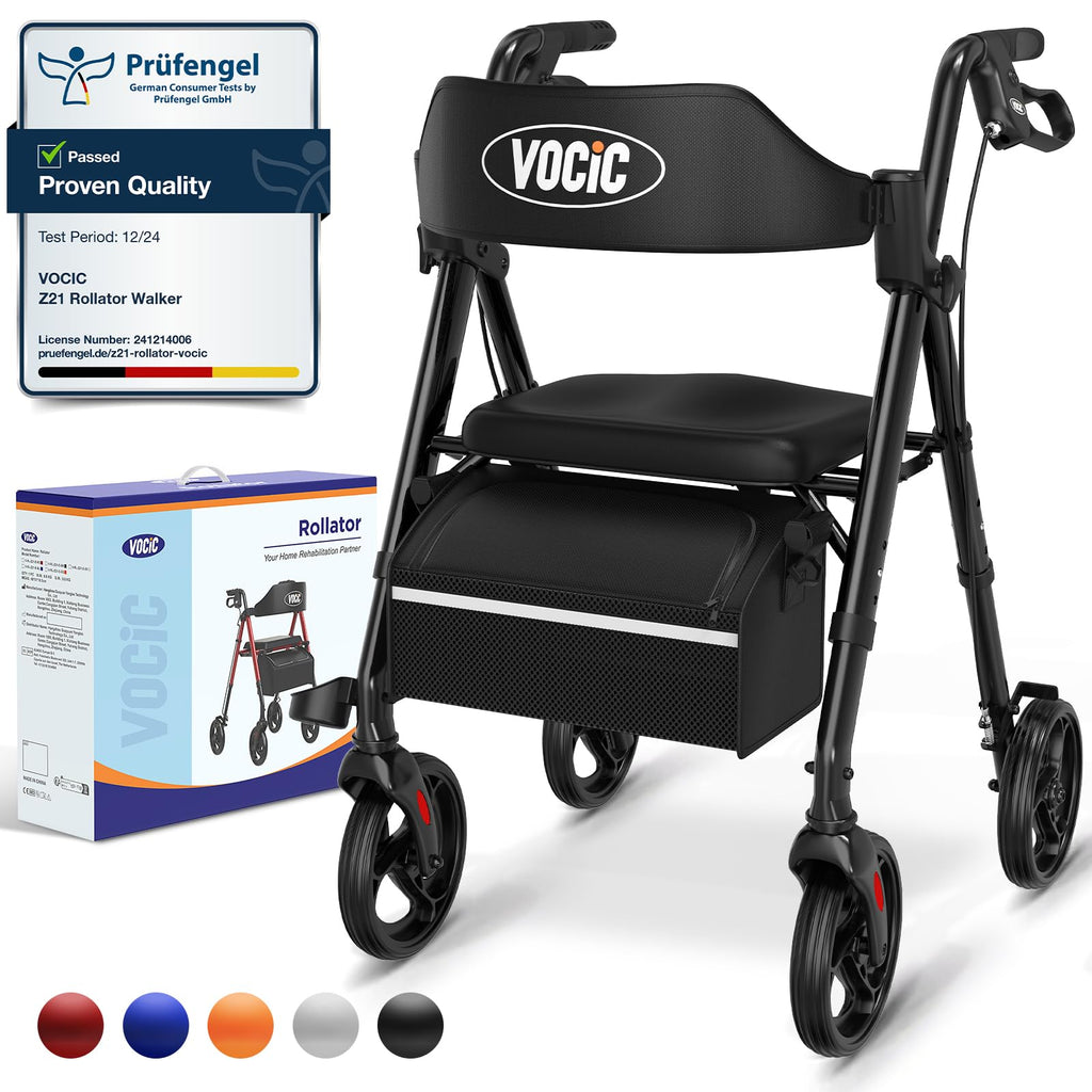 VOCIC Rollator Walker with Seat, Brakes, Bag - Foldable, Adjustable Height, Lightweight, 8'' Wheels, Black - Like New