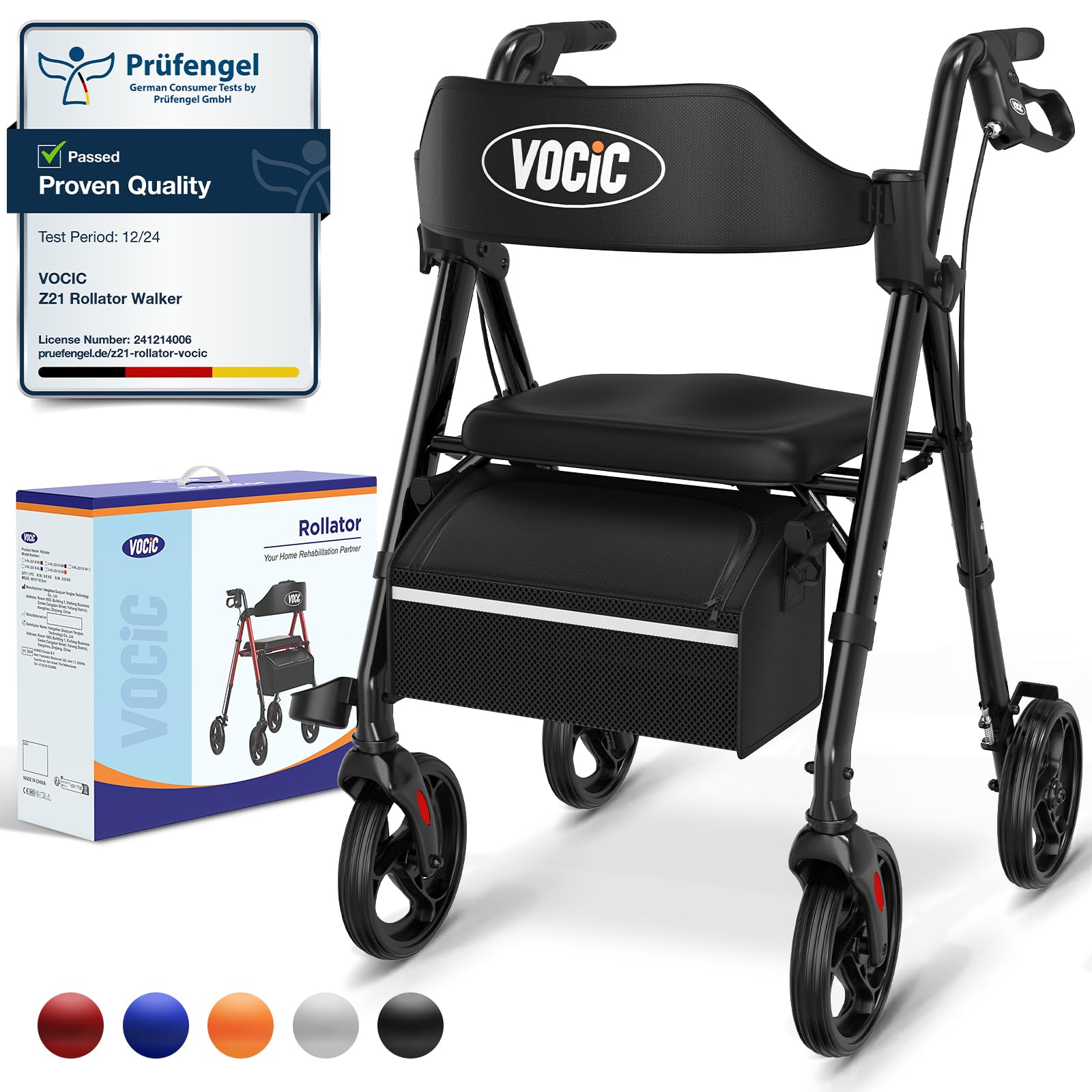 VOCIC Rollator Walker with Seat, Brakes, Bag - Foldable, Adjustable Height, Lightweight, 8'' Wheels, Black - Like New