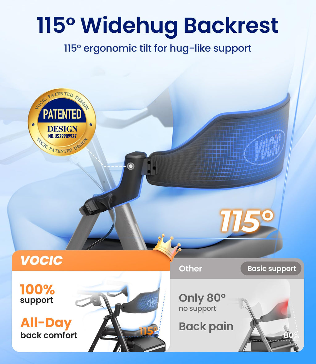 VOCIC Rollator Walker with Seat, Brakes, Bag - Foldable, Adjustable Height, Lightweight, 8'' Wheels, Black - Like New