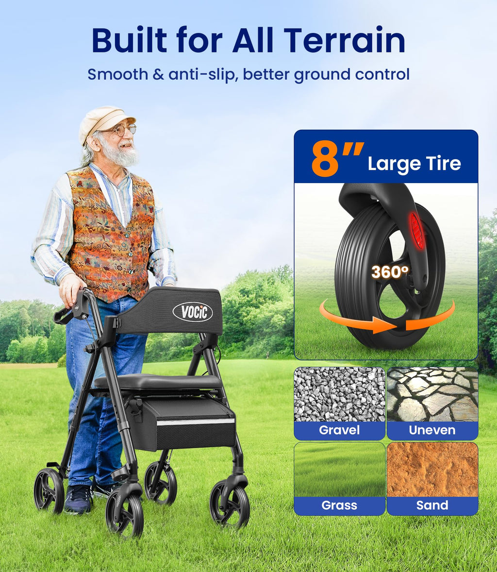 VOCIC Rollator Walker with Seat, Brakes, Bag - Foldable, Adjustable Height, Lightweight, 8'' Wheels, Black - Like New