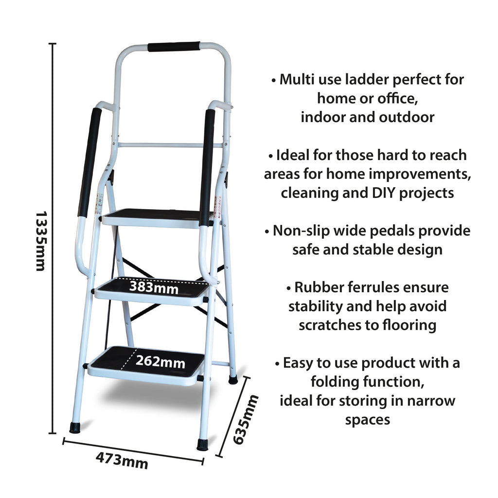 Aidapt 3-Step Stool with Handrail - Non-Slip Wide Pedals, Folding Design, Durable Steel Frame for Home & Office - Damaged Box