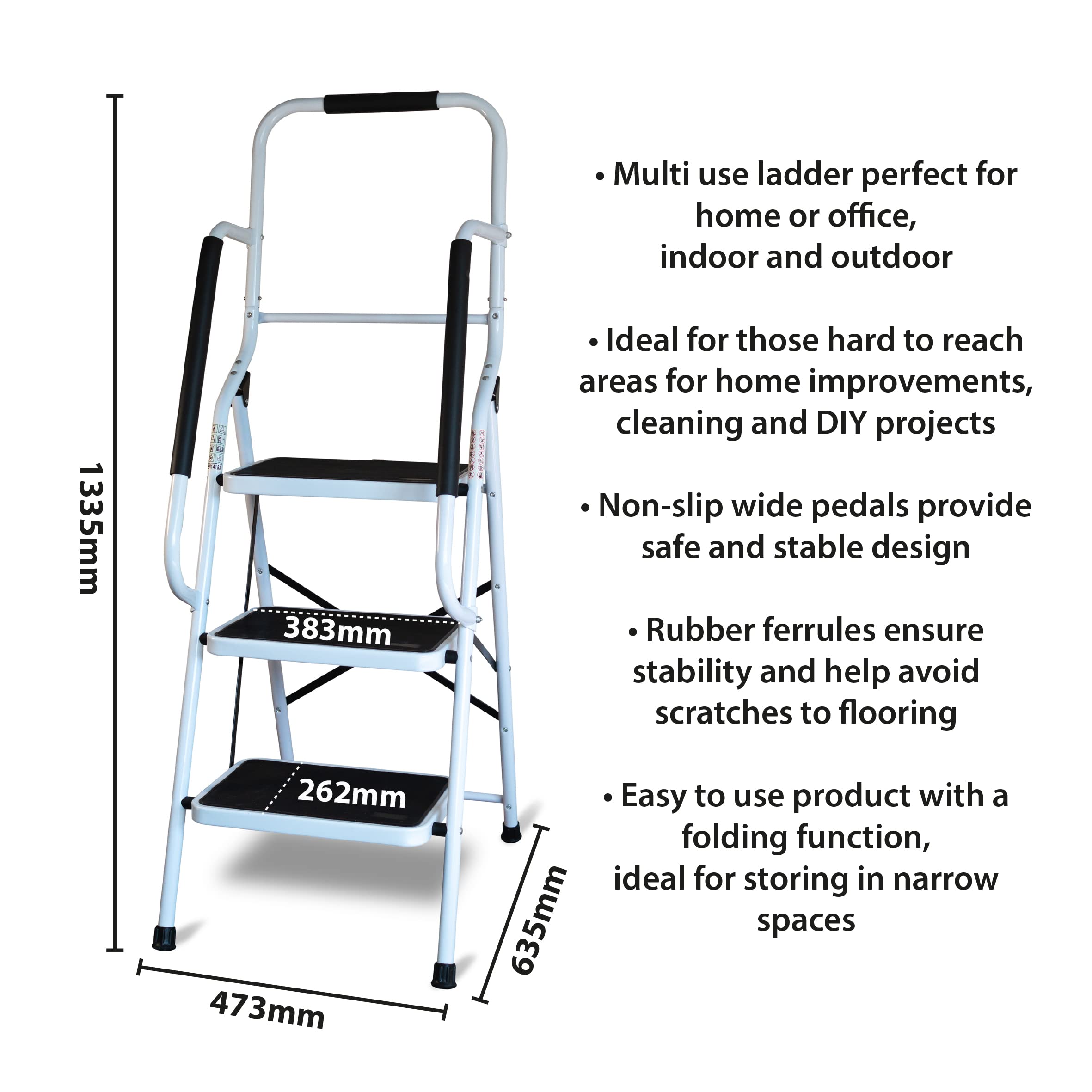 Aidapt 3-Step Stool with Handrail - Non-Slip Wide Pedals, Folding Design, Durable Steel Frame for Home & Office - Damaged Box
