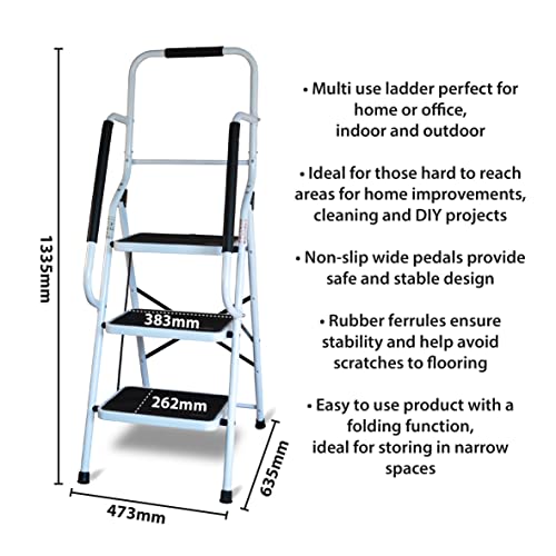 Aidapt 3-Step Stool with Handrail - Non-Slip Wide Pedals, Folding Design, Durable Steel Frame for Home & Office - Damaged Box