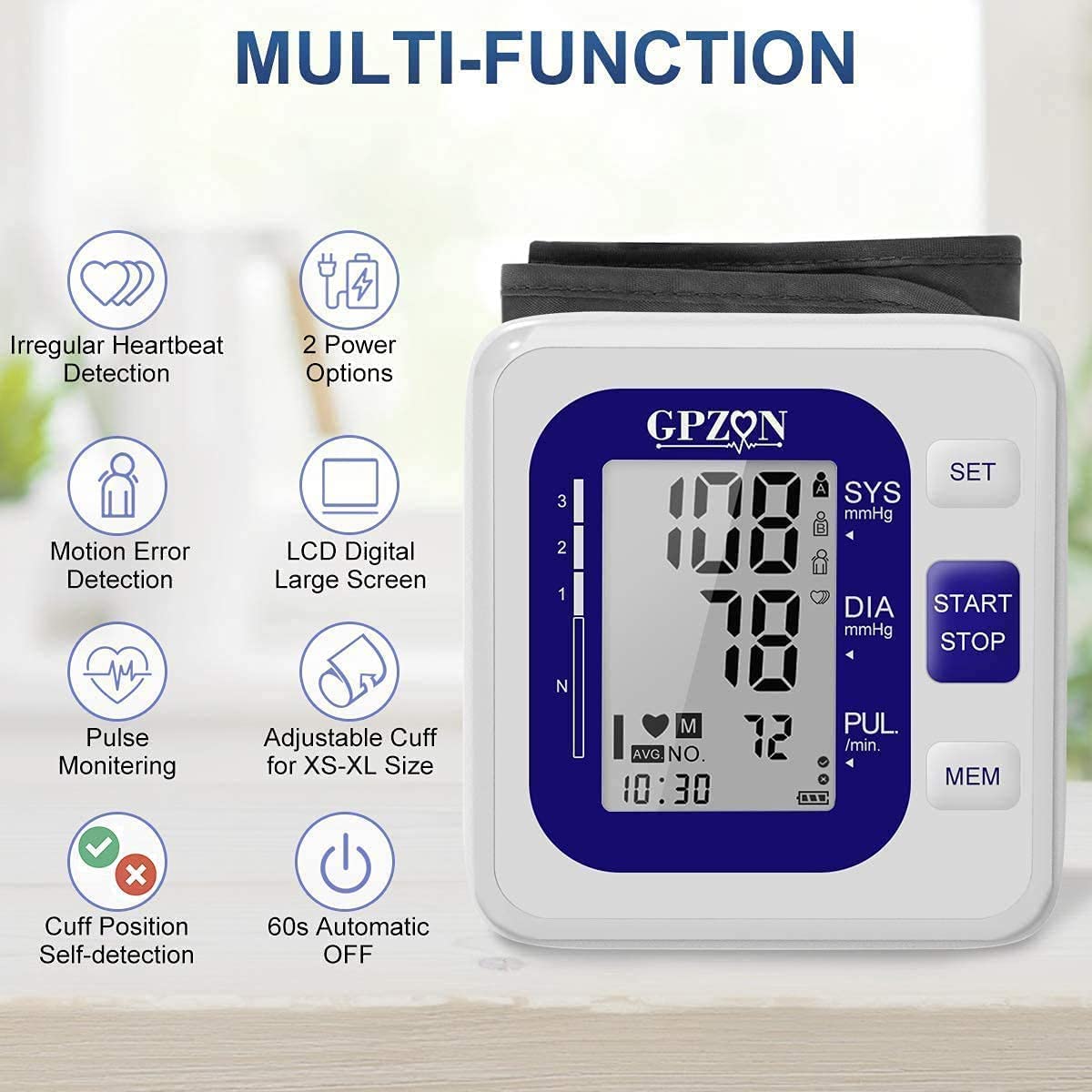 GPZON Digital Blood Pressure Monitor - Large Cuff 22-40cm, Irregular Heartbeat Detection, Pulse Rate, 2x120 Memory, Blue - Damaged Box