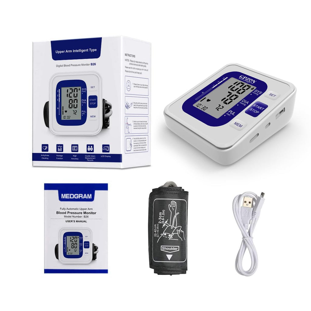 GPZON Digital Blood Pressure Monitor - Large Cuff 22-40cm, Irregular Heartbeat Detection, Pulse Rate, 2x120 Memory, Blue - Damaged Box