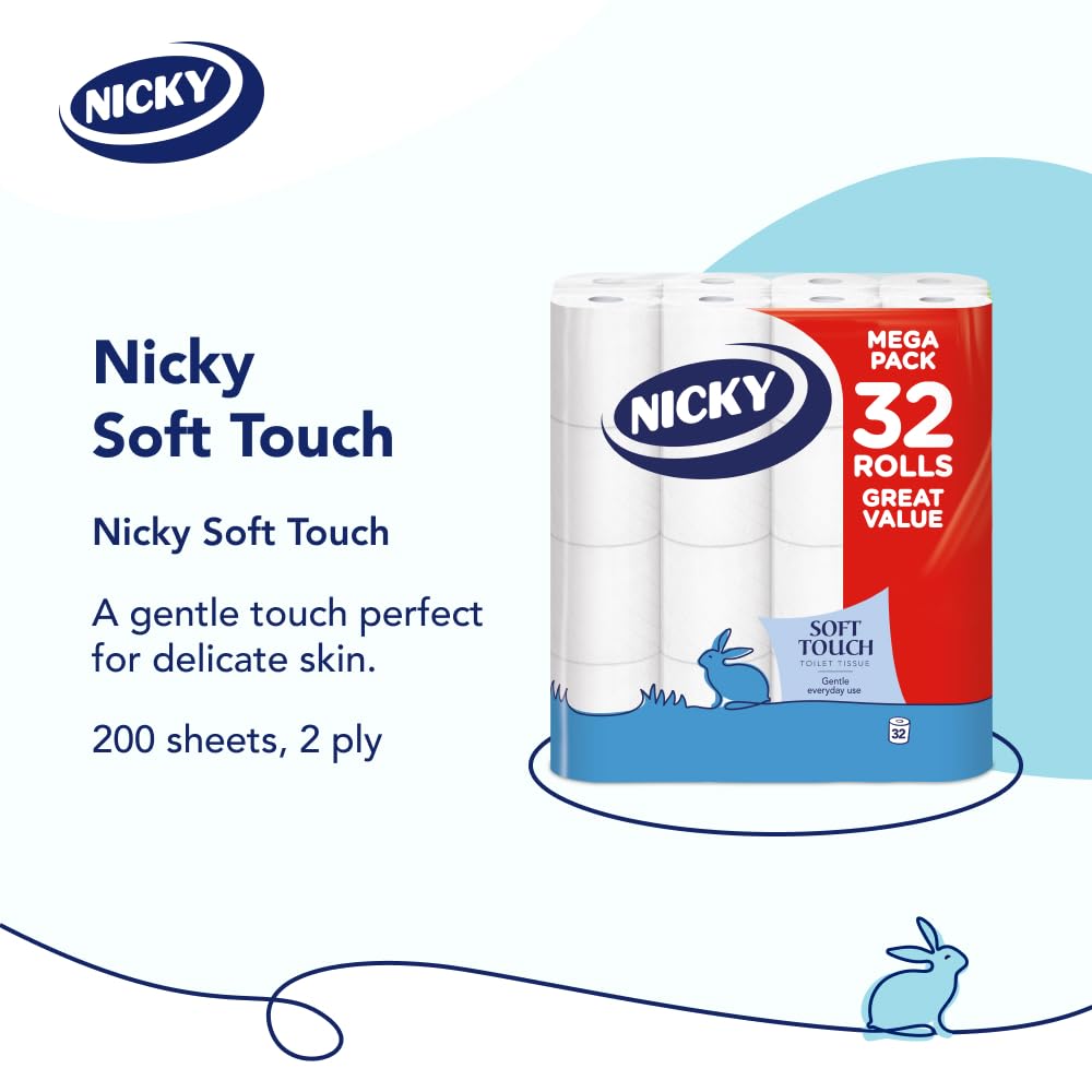 Nicky Soft Touch Toilet Roll 32 Pack - 2-Ply Toilet Tissue - Damaged Box