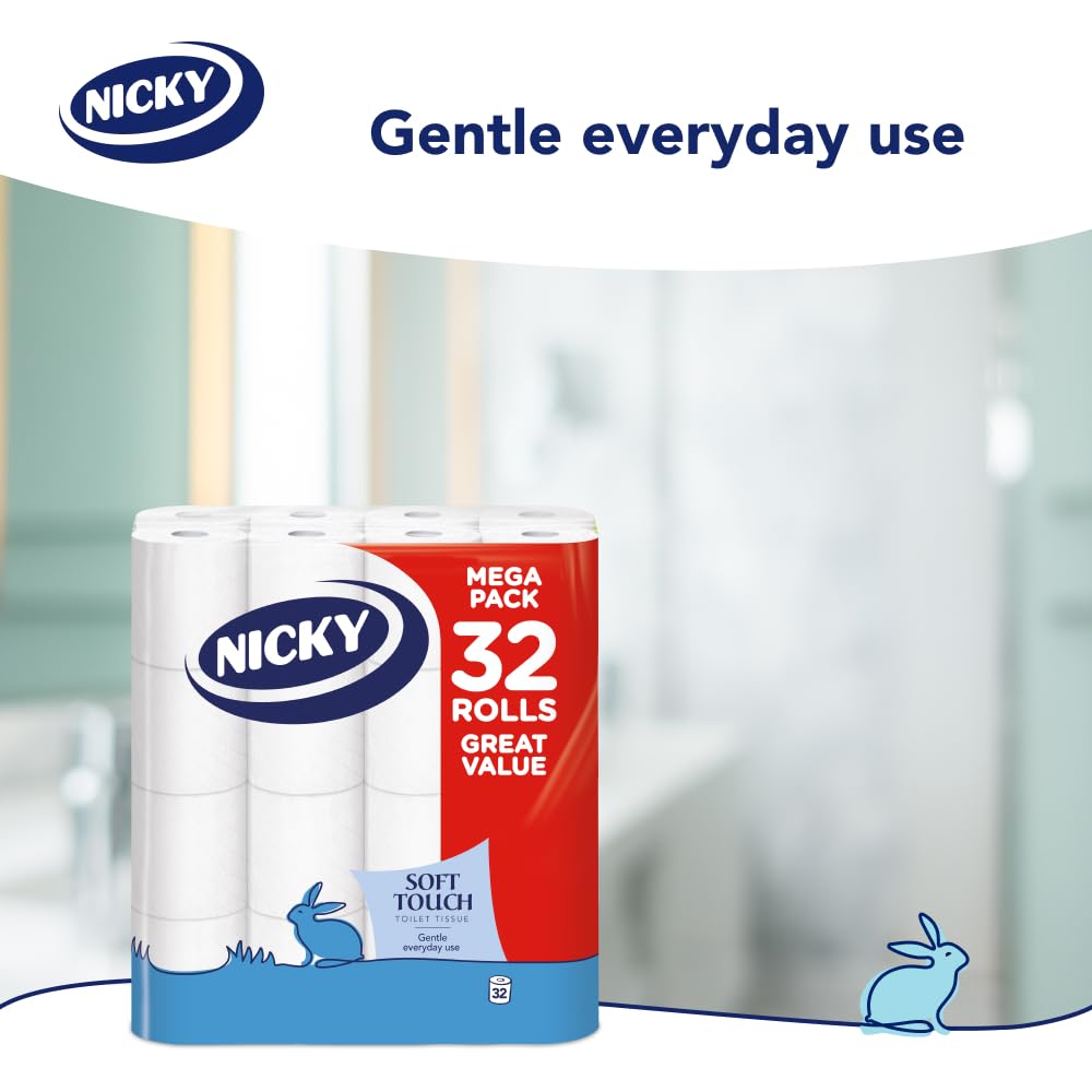 Nicky Soft Touch Toilet Roll 32 Pack - 2-Ply Toilet Tissue - Damaged Box