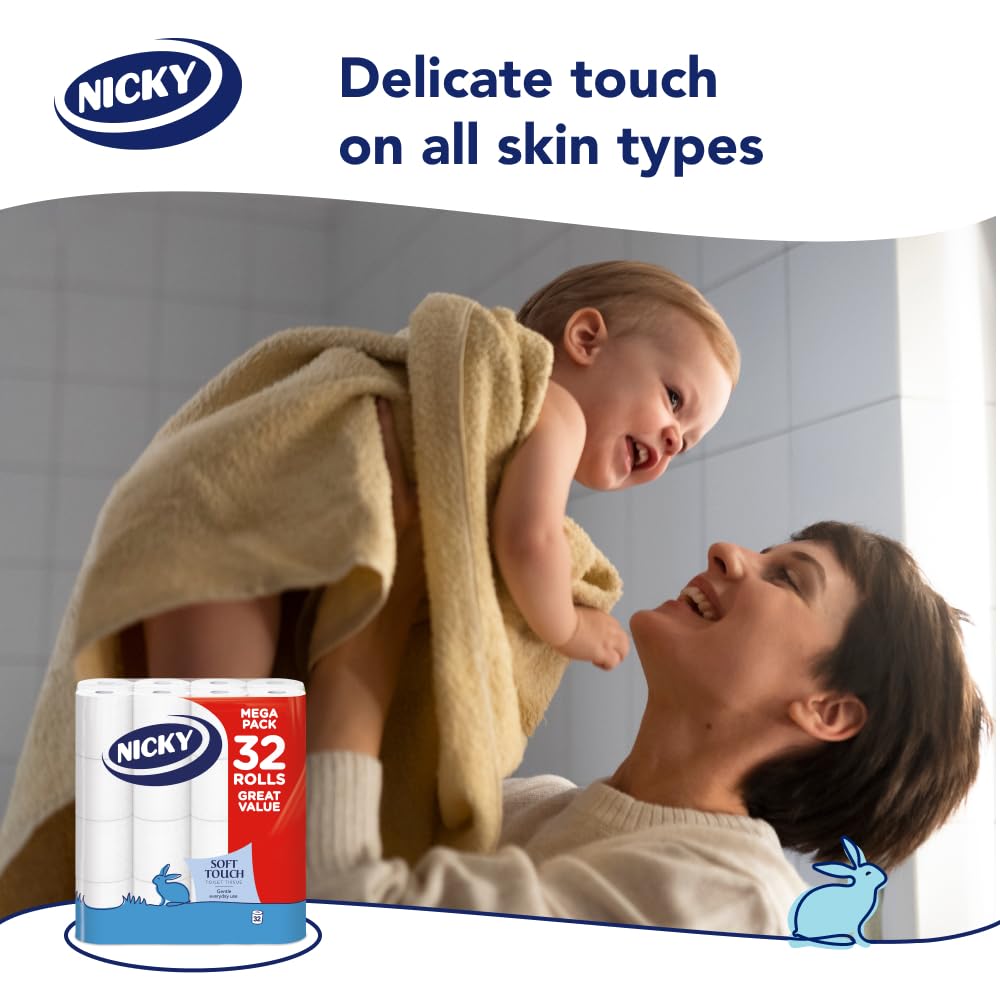 Nicky Soft Touch Toilet Roll 32 Pack - 2-Ply Toilet Tissue - Damaged Box