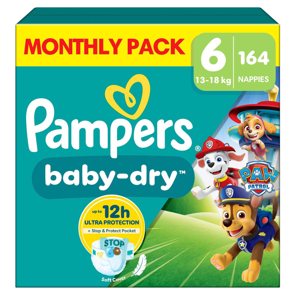 Pampers Baby-Dry Paw Patrol Nappies Size 6, 13-18kg, Monthly Pack, 164 Count, Up to 100% Leak-Free Night - Damaged Box