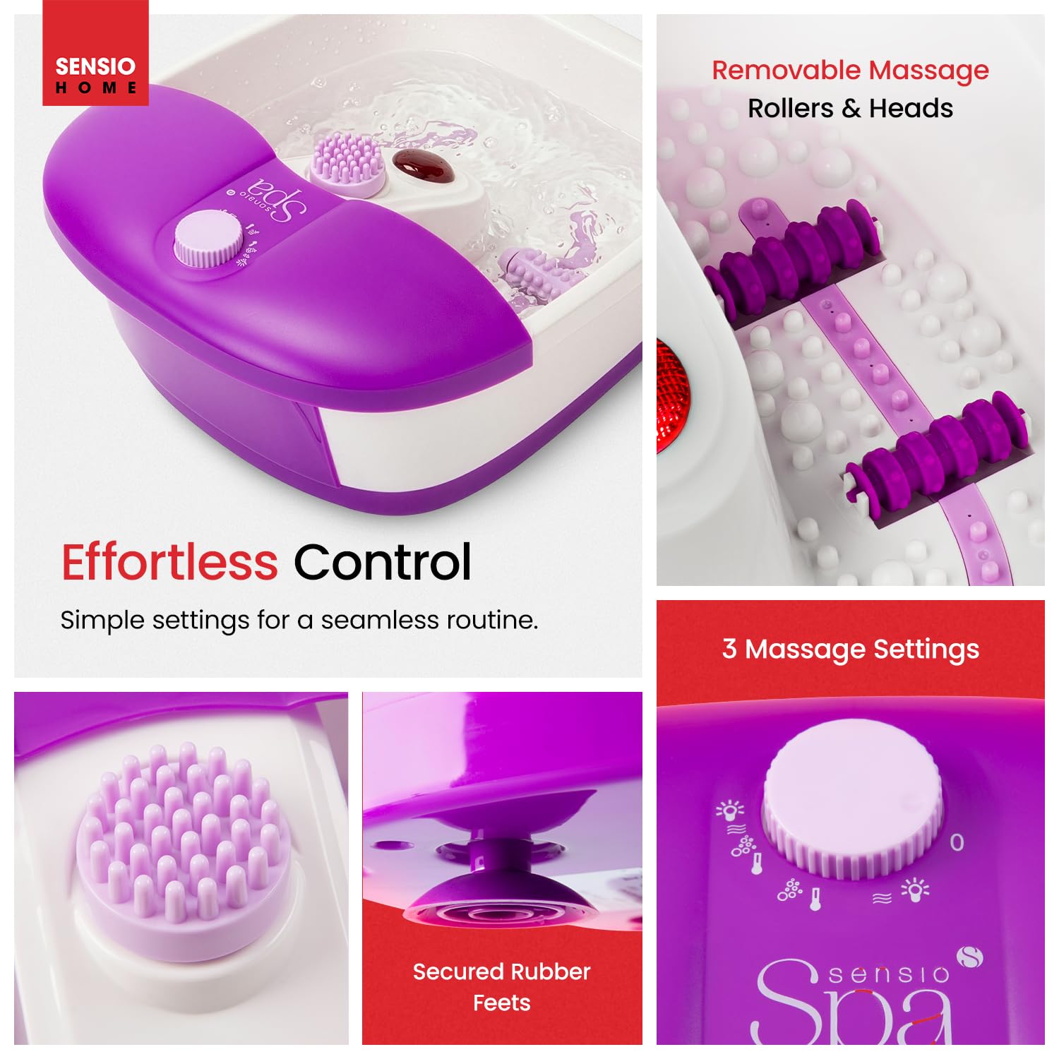 Sensio Spa Heated Foot Spa Massager with Bubbles - Purple Pedicure Tub with Removable Rollers - Home Relaxation Foot Bath - Like New