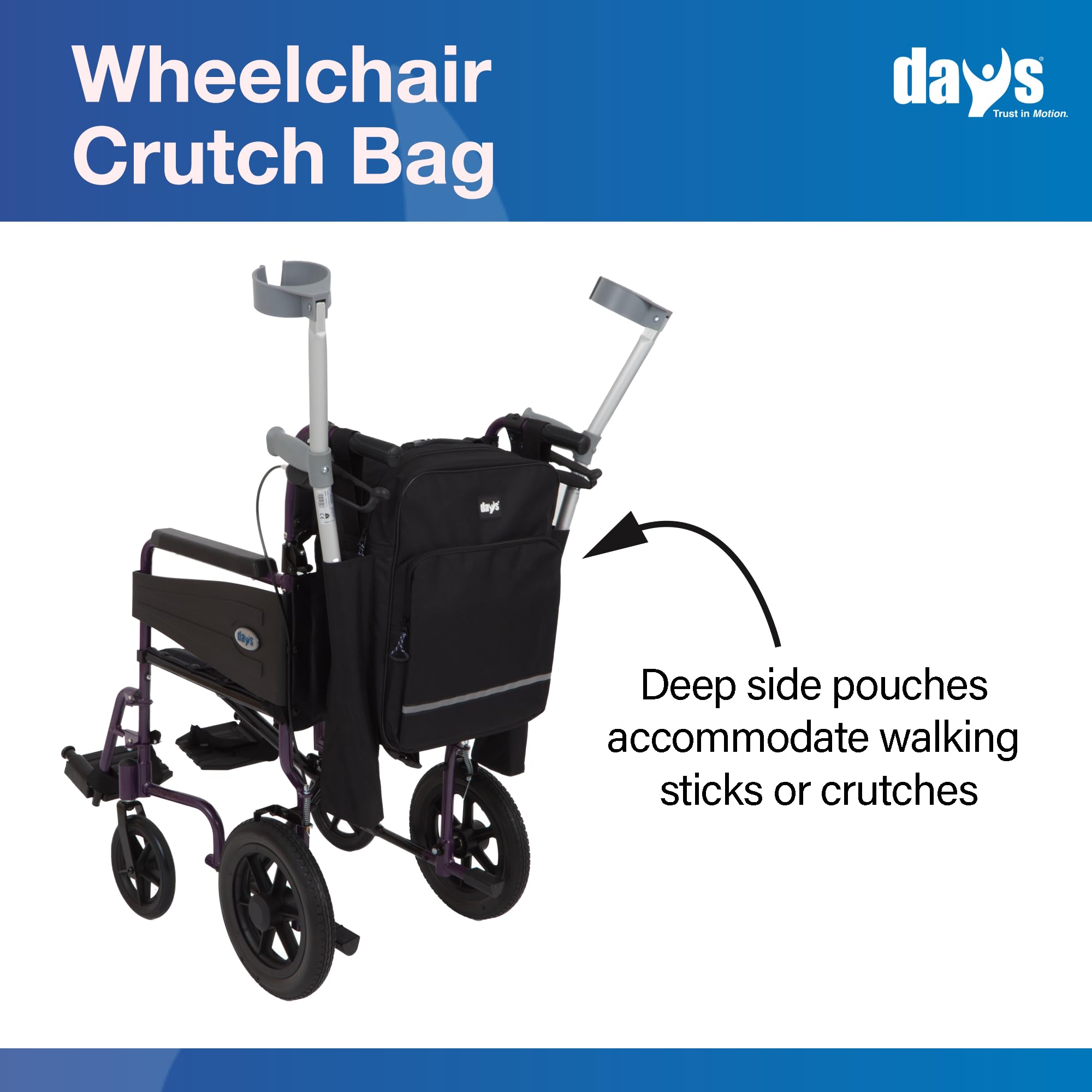 Days Wheelchair Bag with Crutch Pocket – Large Black Waterproof Mobility Scooter Accessory - New