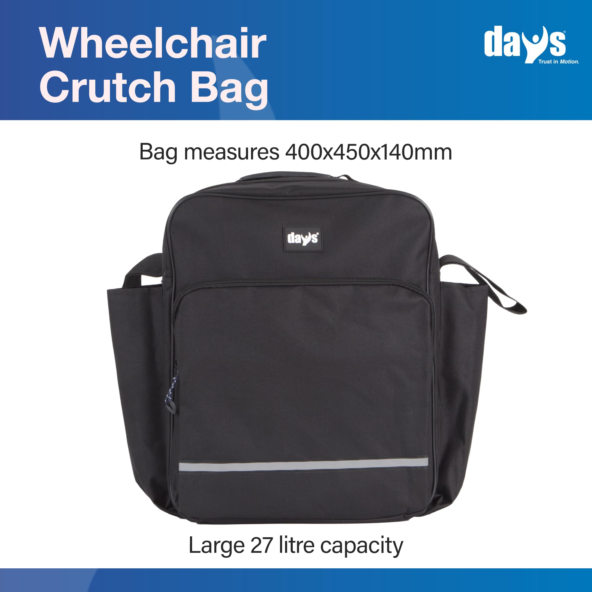 Days Wheelchair Bag with Crutch Pocket – Large Black Waterproof Mobility Scooter Accessory - New
