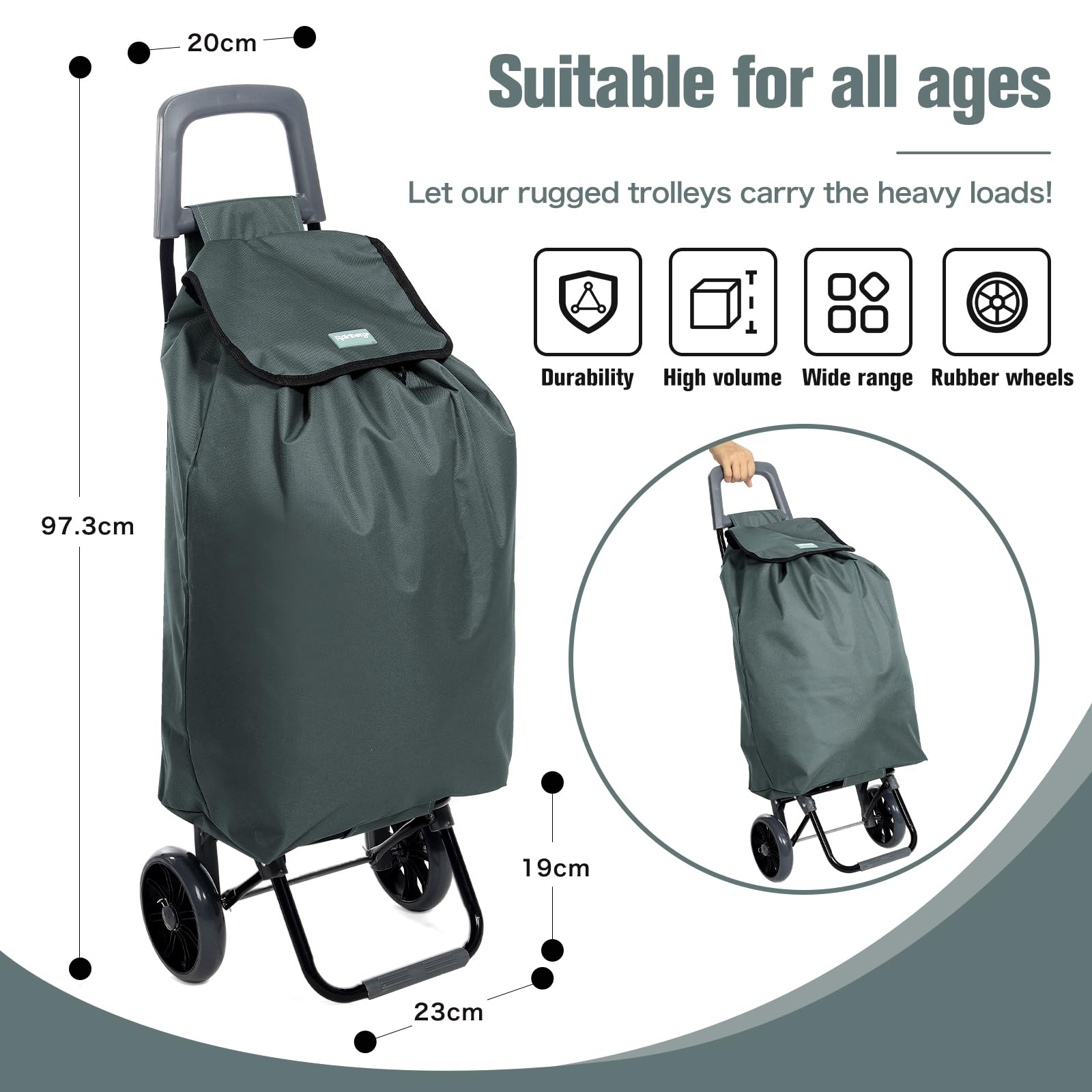 Rainberg 50L Lightweight 2-Wheel Shopping Trolley - Foldable Collapsible Push/Pull Cart - Grey - Very Good