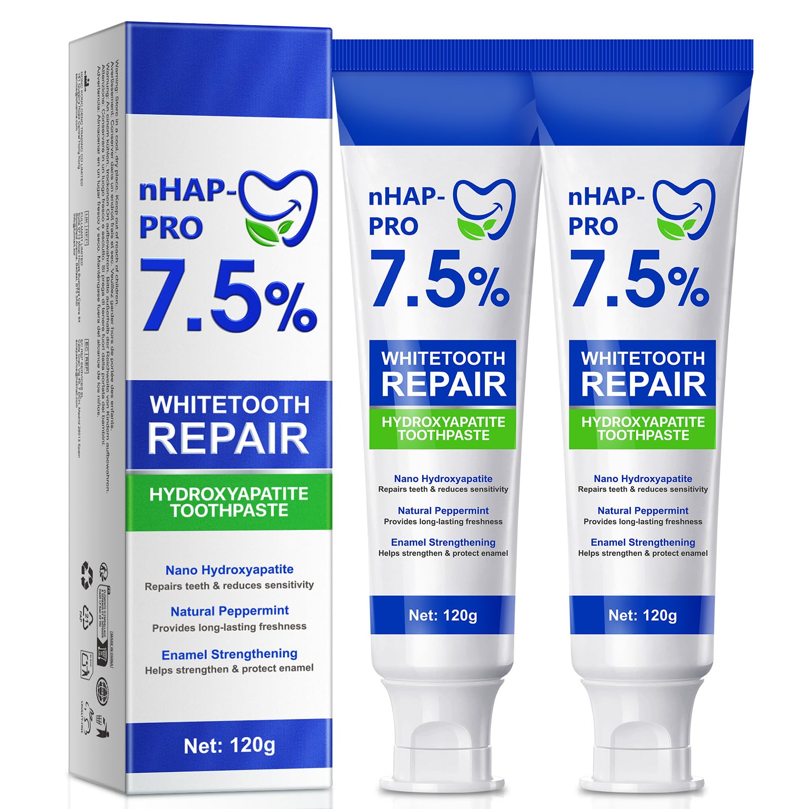 Hydroxyapatite Toothpaste - 7.5% Hydroxyapatite, Enamel Protection, Fluoride-Free, Gentle Mint, 240g 2-Pack - Damaged Box - BBE 03/2028