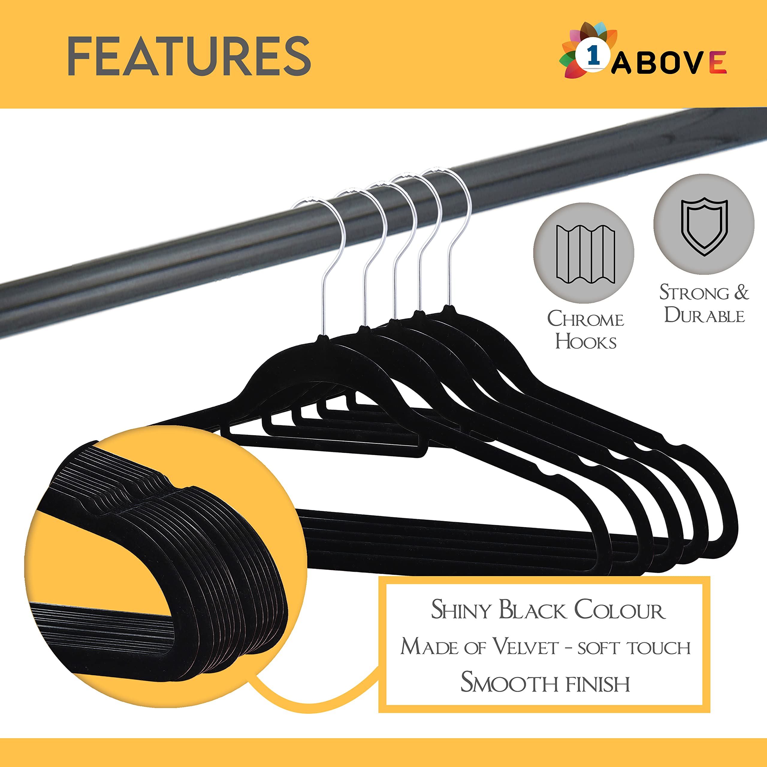1ABOVE 50 Pack Velvet Hangers 44cm Black Non-Slip Heavy Duty Suit Hangers with Tie Bar & Swivel Hooks - Damaged Box