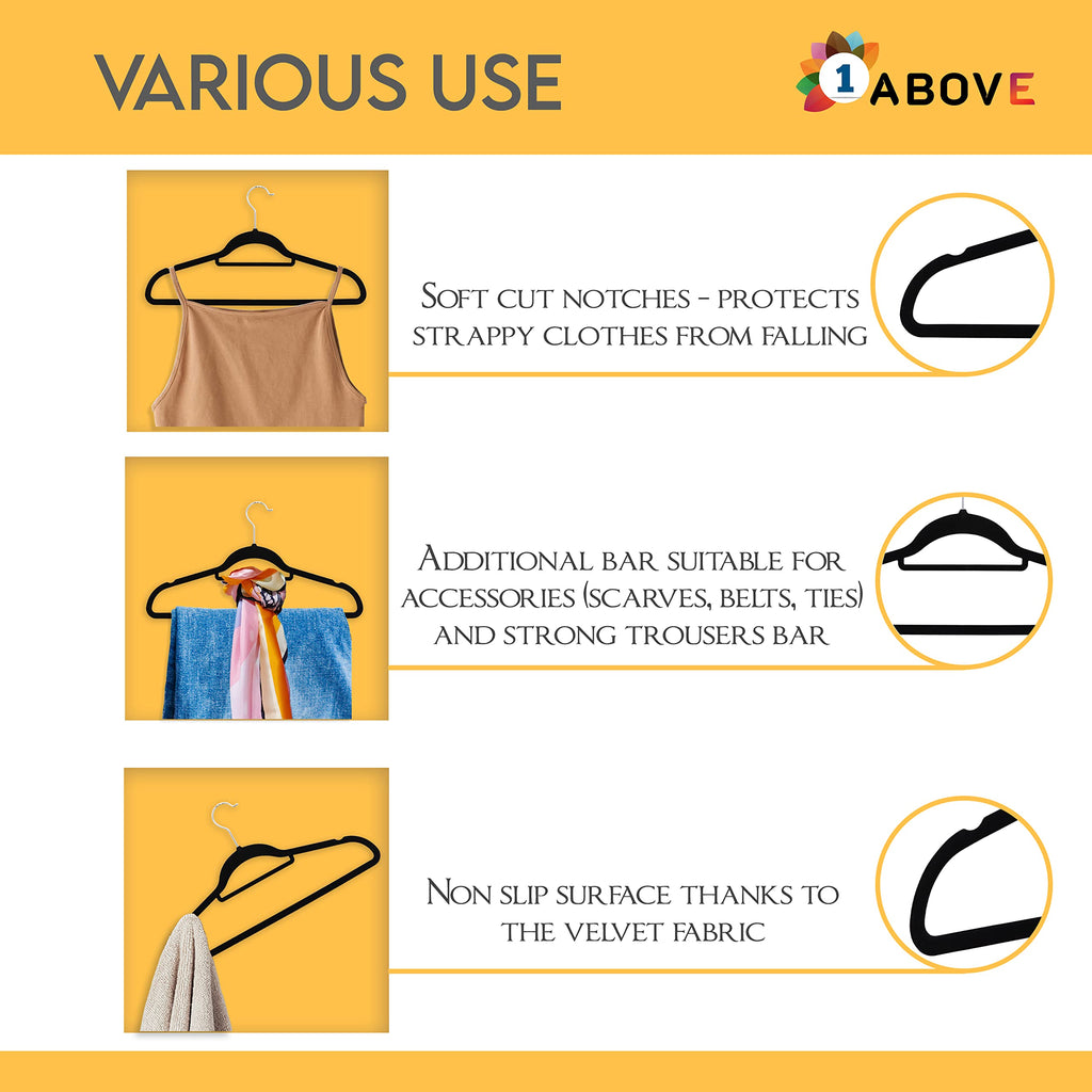 1ABOVE 50 Pack Velvet Hangers 44cm Black Non-Slip Heavy Duty Suit Hangers with Tie Bar & Swivel Hooks - Damaged Box