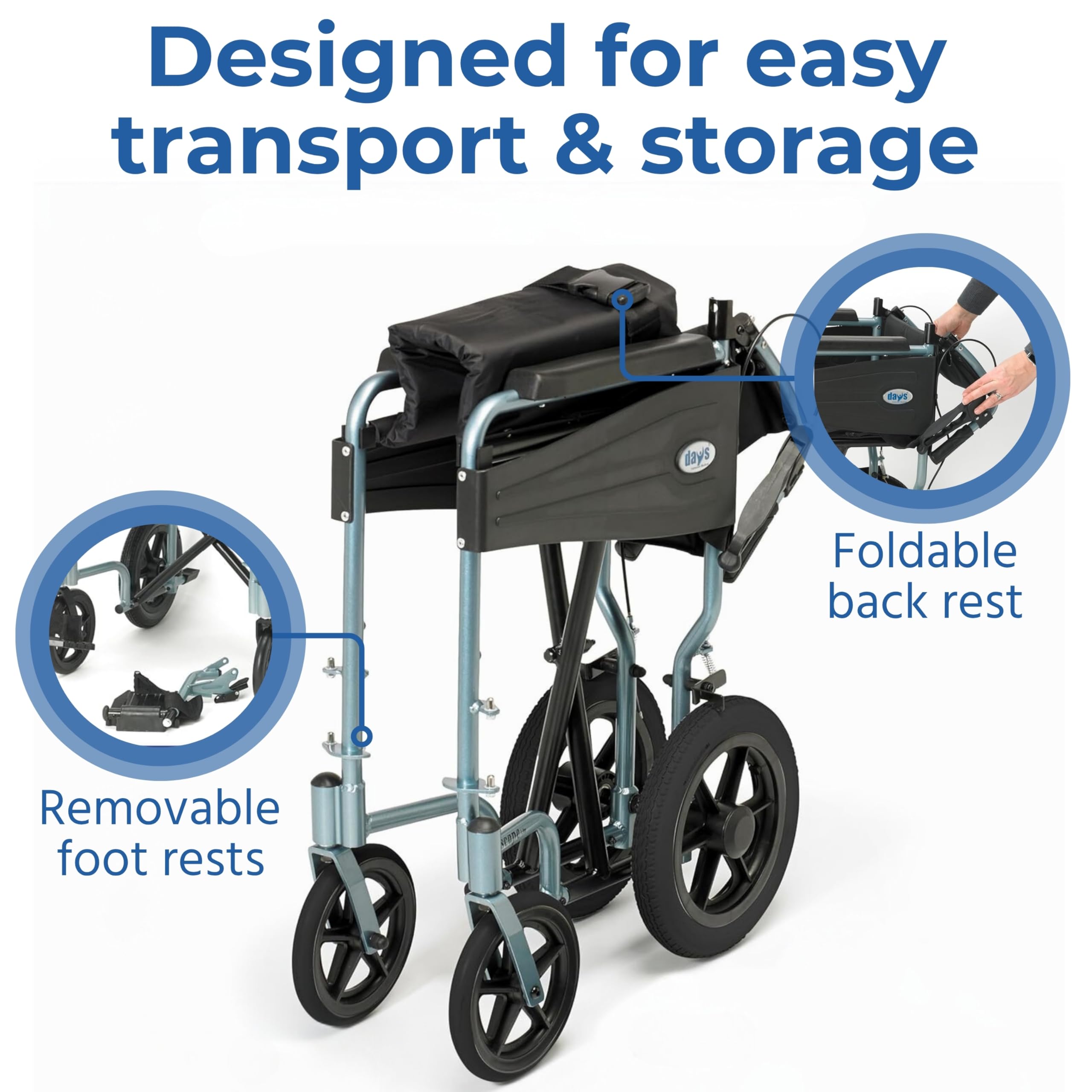 Days Compact Lightweight Foldable Wheelchair for Adults - Wide, Blue Mobility Aid - Damaged Box