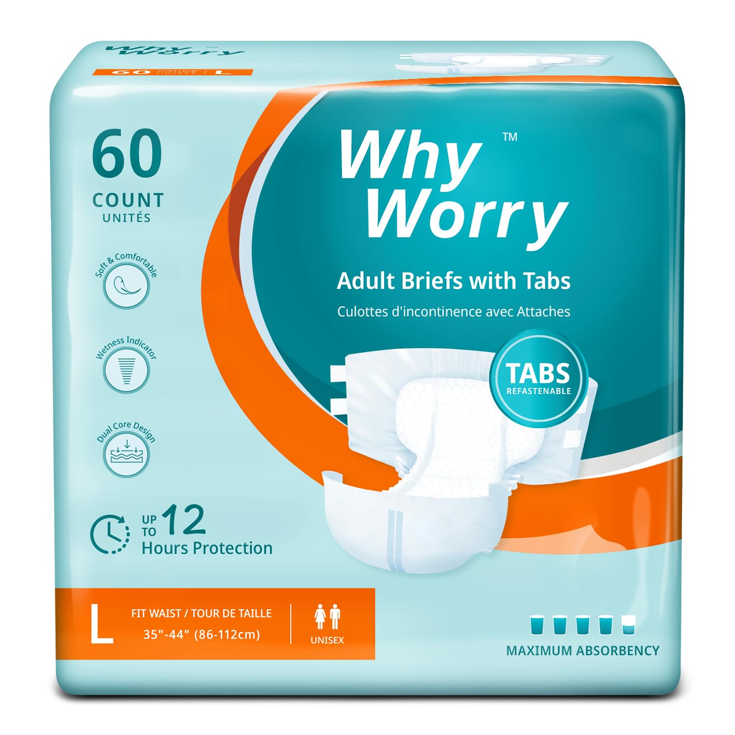 WhyWorry Adult Nappies for Women and Men, Large, 60 Count Incontinence Pads - Damaged Box