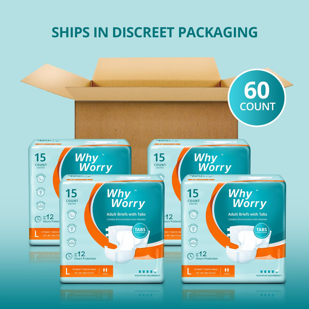 WhyWorry Adult Nappies for Women and Men, Large, 60 Count Incontinence Pads - Damaged Box