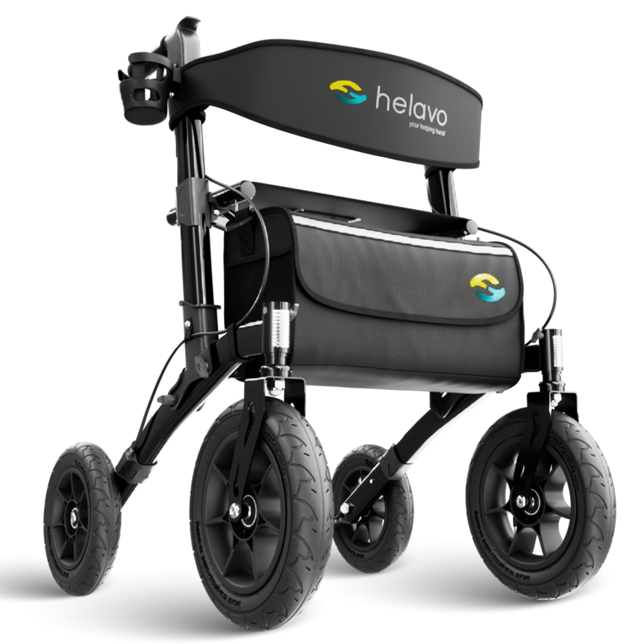 Helavo All Terrain Walker with Seat - Foldable Outdoor Rollator for Seniors - 12" Pneumatic Tyres - New