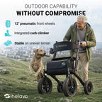 Helavo All Terrain Walker with Seat - Foldable Outdoor Rollator for Seniors - 12" Pneumatic Tyres - New