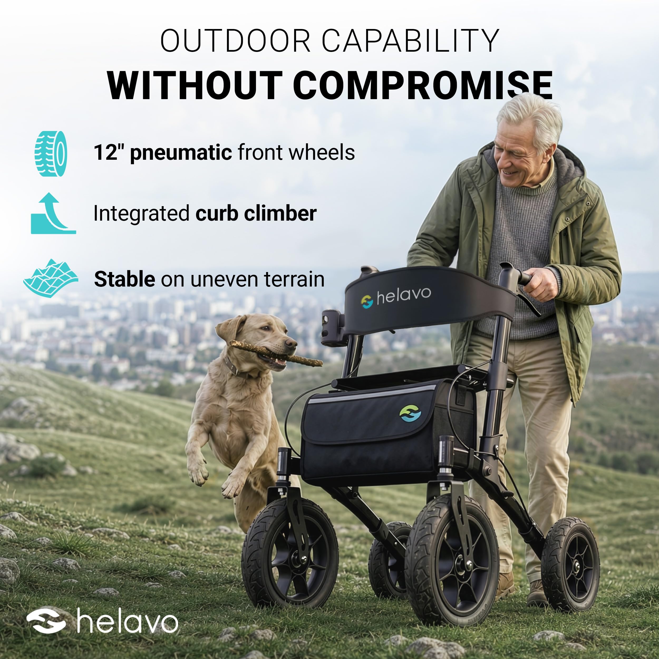 Helavo All Terrain Walker with Seat - Foldable Outdoor Rollator for Seniors - 12" Pneumatic Tyres - New