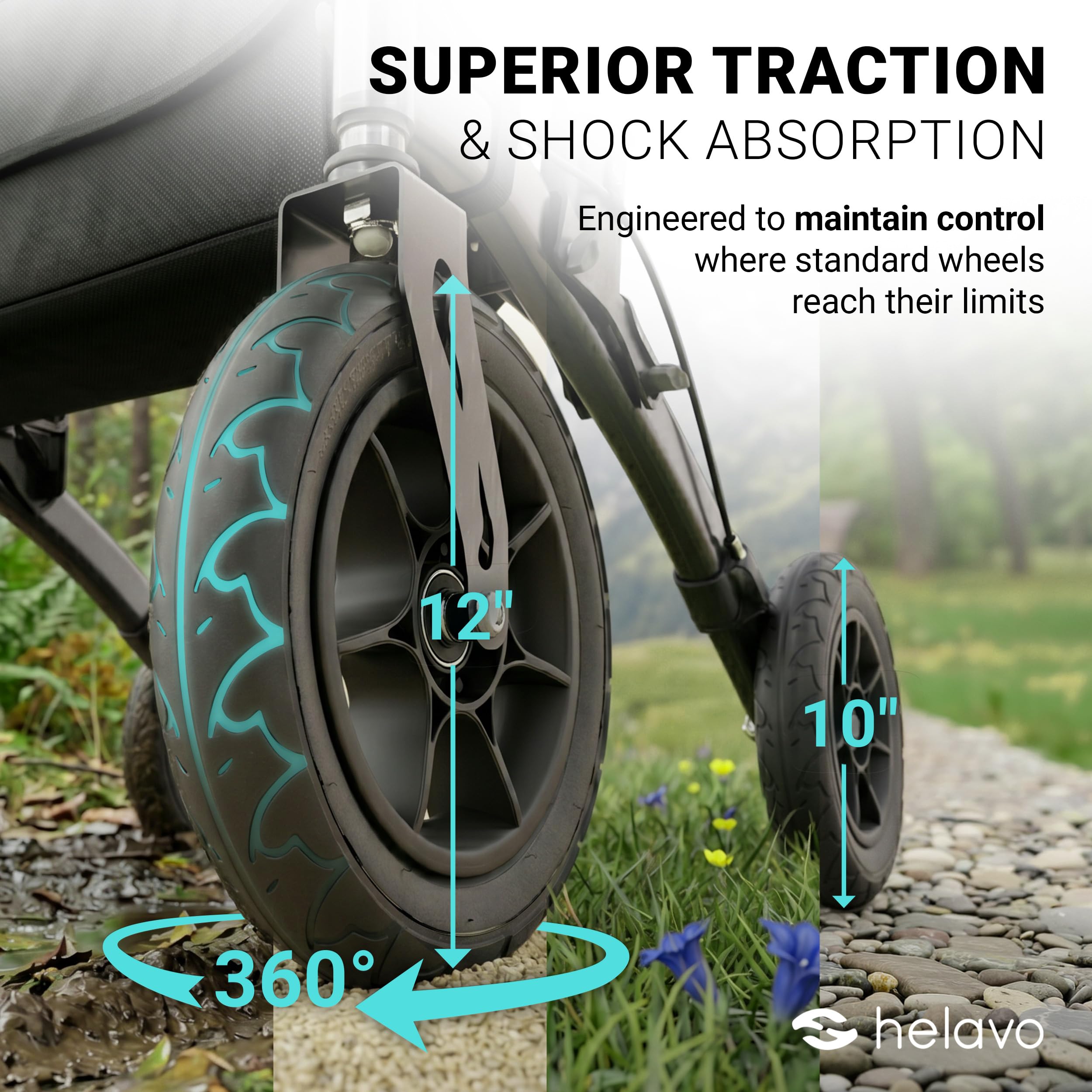 Helavo All Terrain Walker with Seat - Foldable Outdoor Rollator for Seniors - 12" Pneumatic Tyres - New